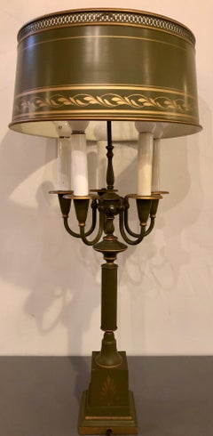 Tole Sage Green and Parcel Gilt Decorated Candelabra Lamp, Matching Tole Shade