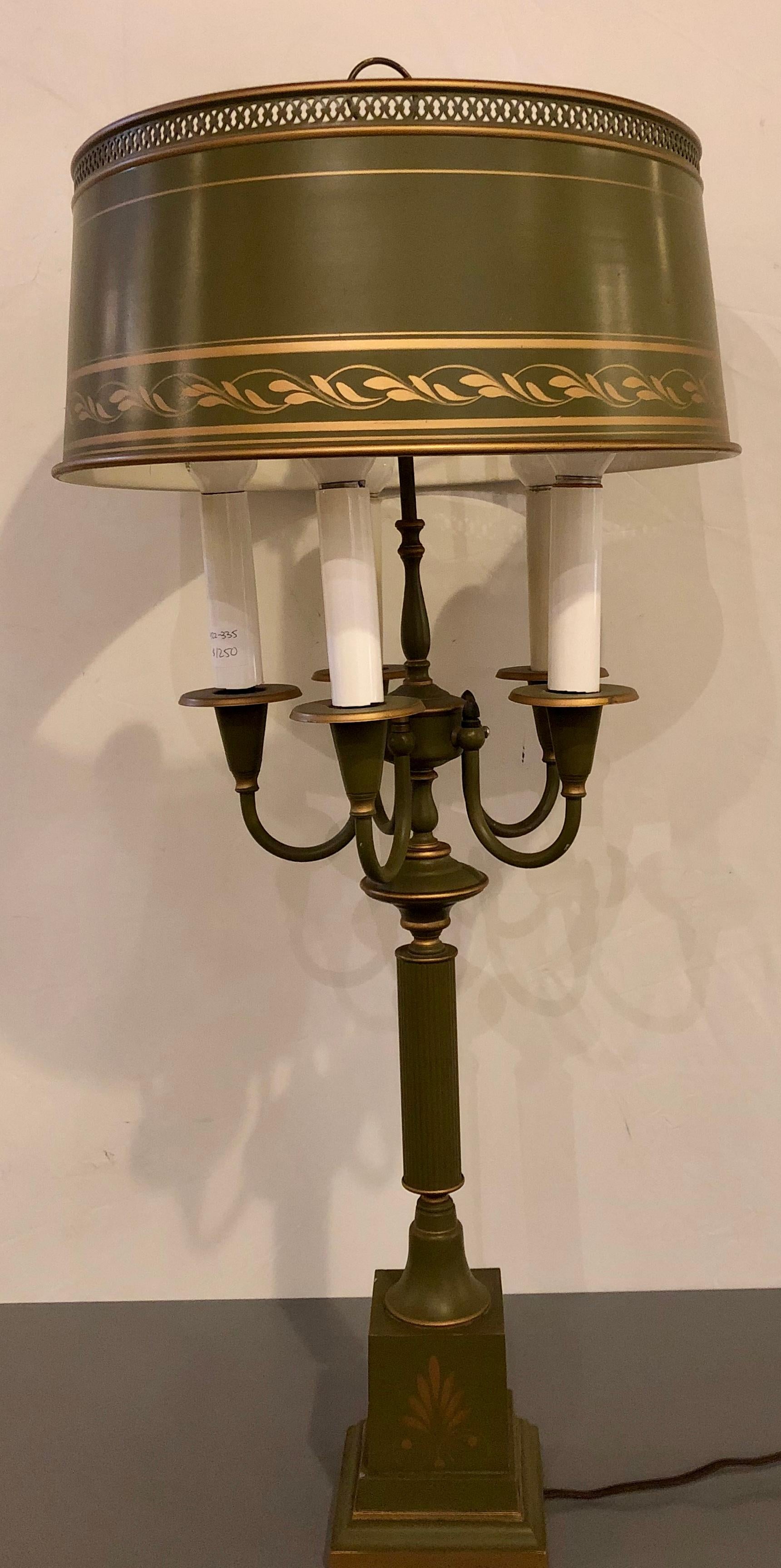 American Classical Tole Sage Green and Parcel Gilt Decorated Candelabra Lamp, Matching Tole Shade