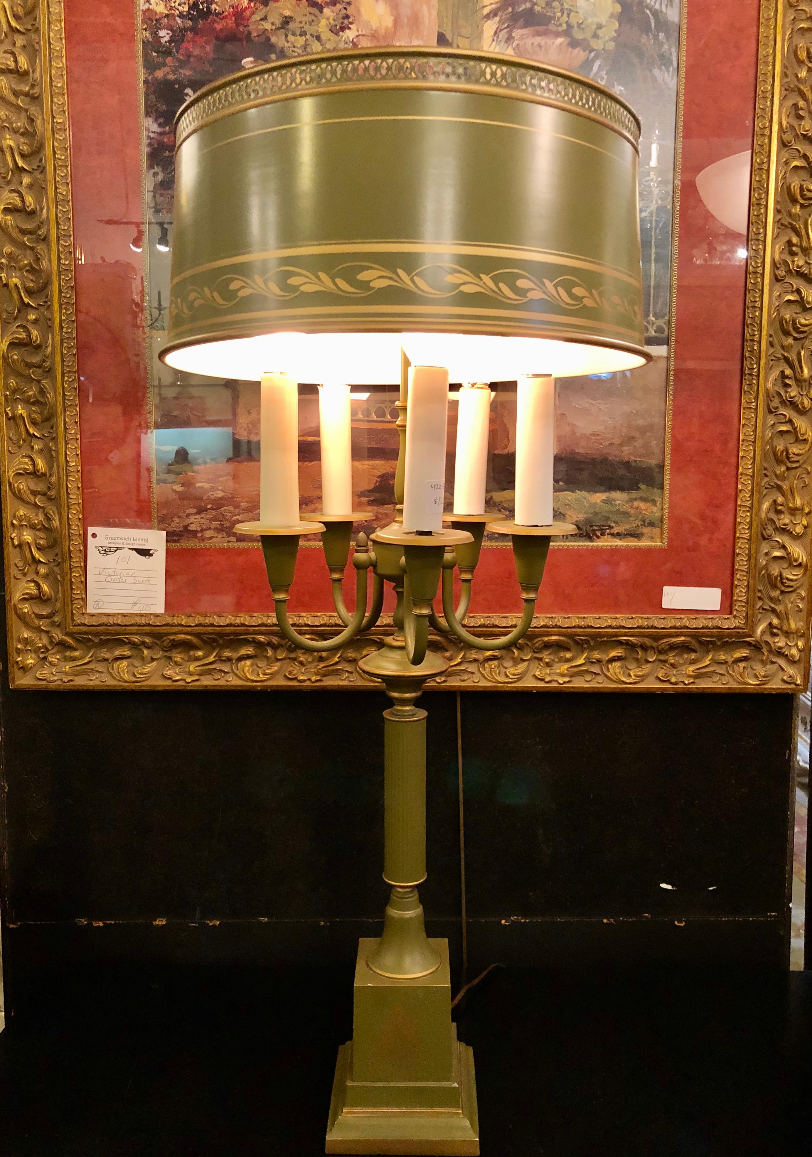 Tole Sage Green and Parcel Gilt Decorated Candelabra Lamp, Matching Tole Shade In Good Condition In Stamford, CT