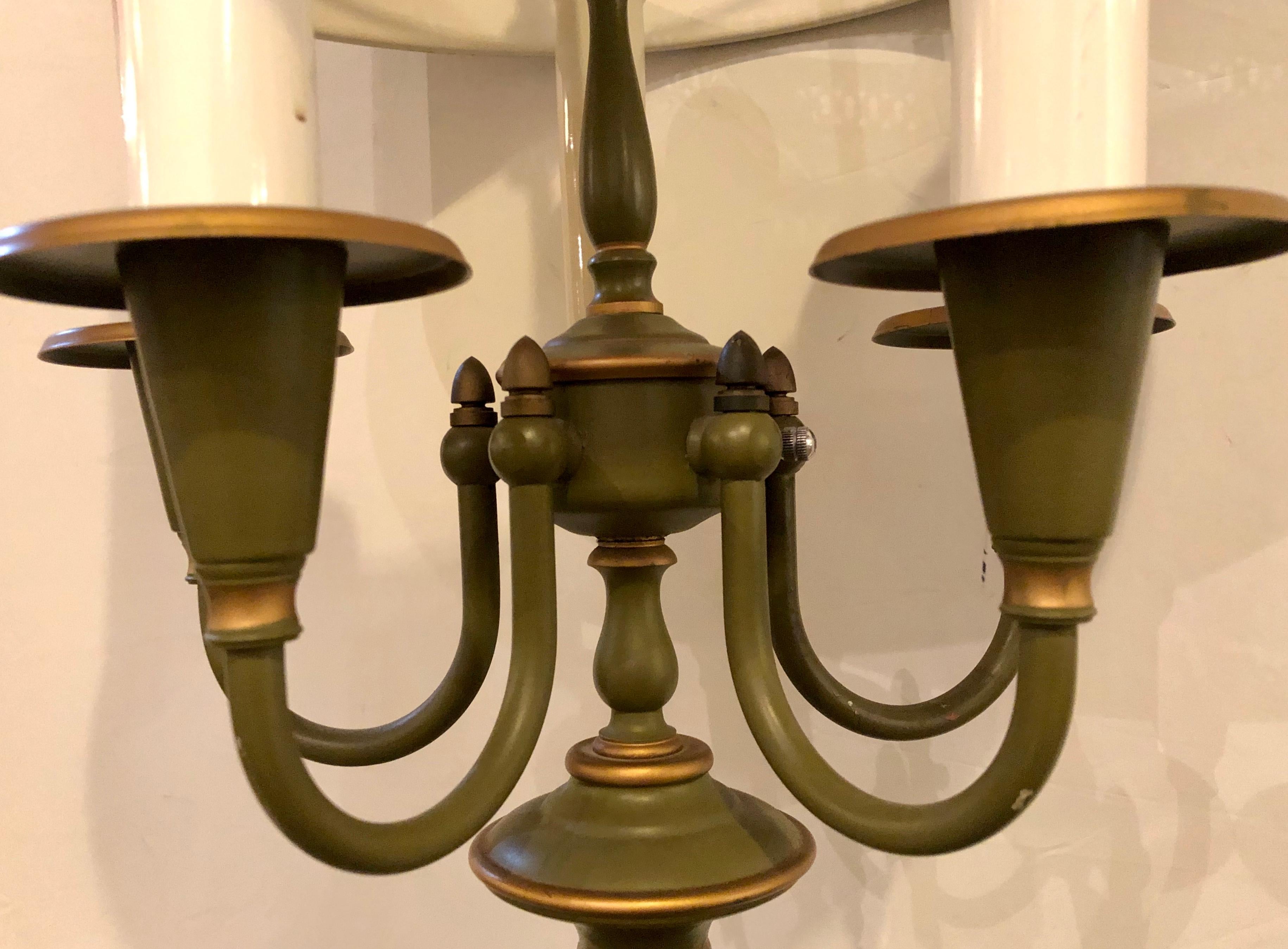 20th Century Tole Sage Green and Parcel Gilt Decorated Candelabra Lamp, Matching Tole Shade