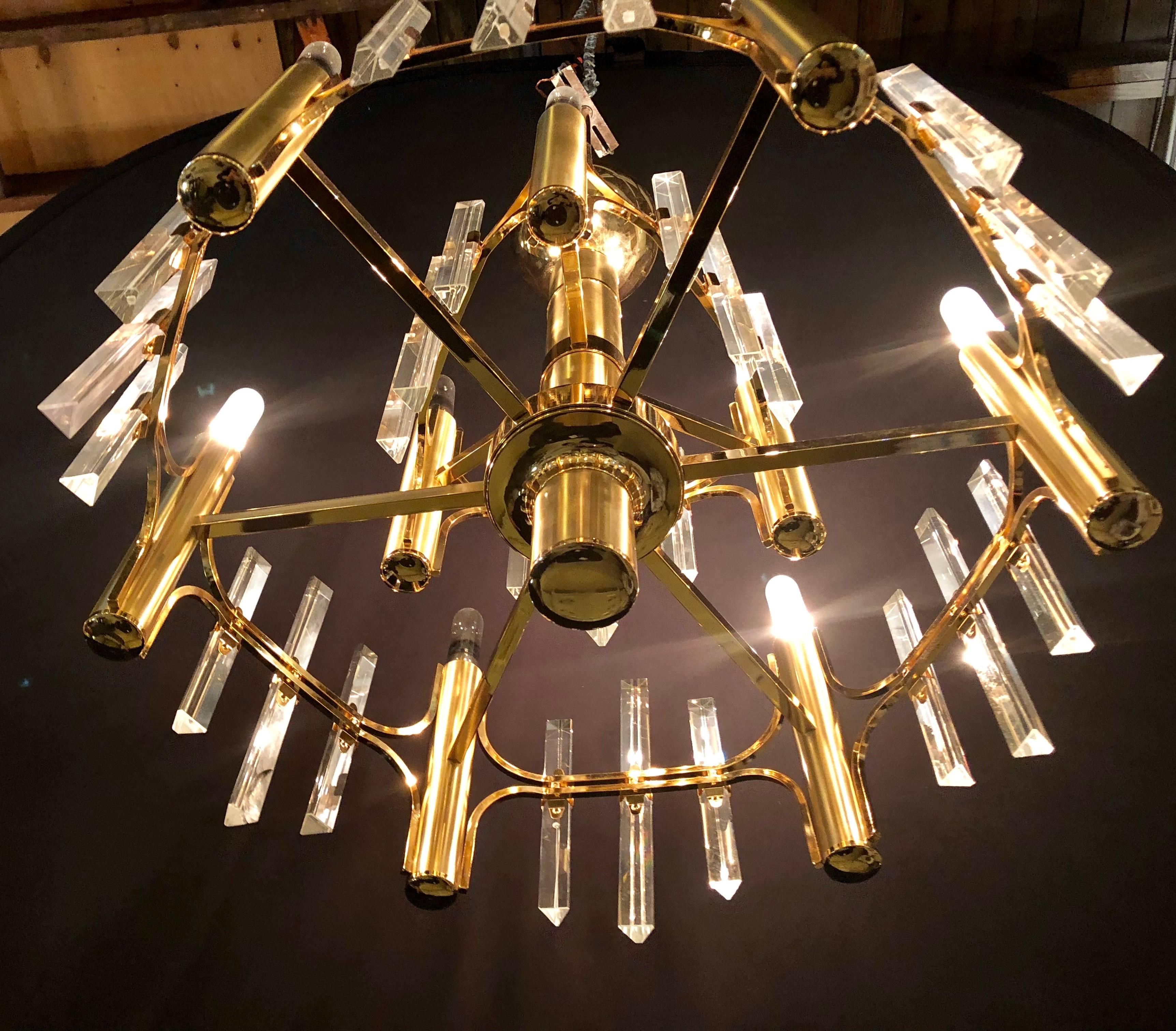 Hollywood Regency Tommi Parzinger Style Brass Chandelier Cylindrical Lights Crystal Prisms For Sale