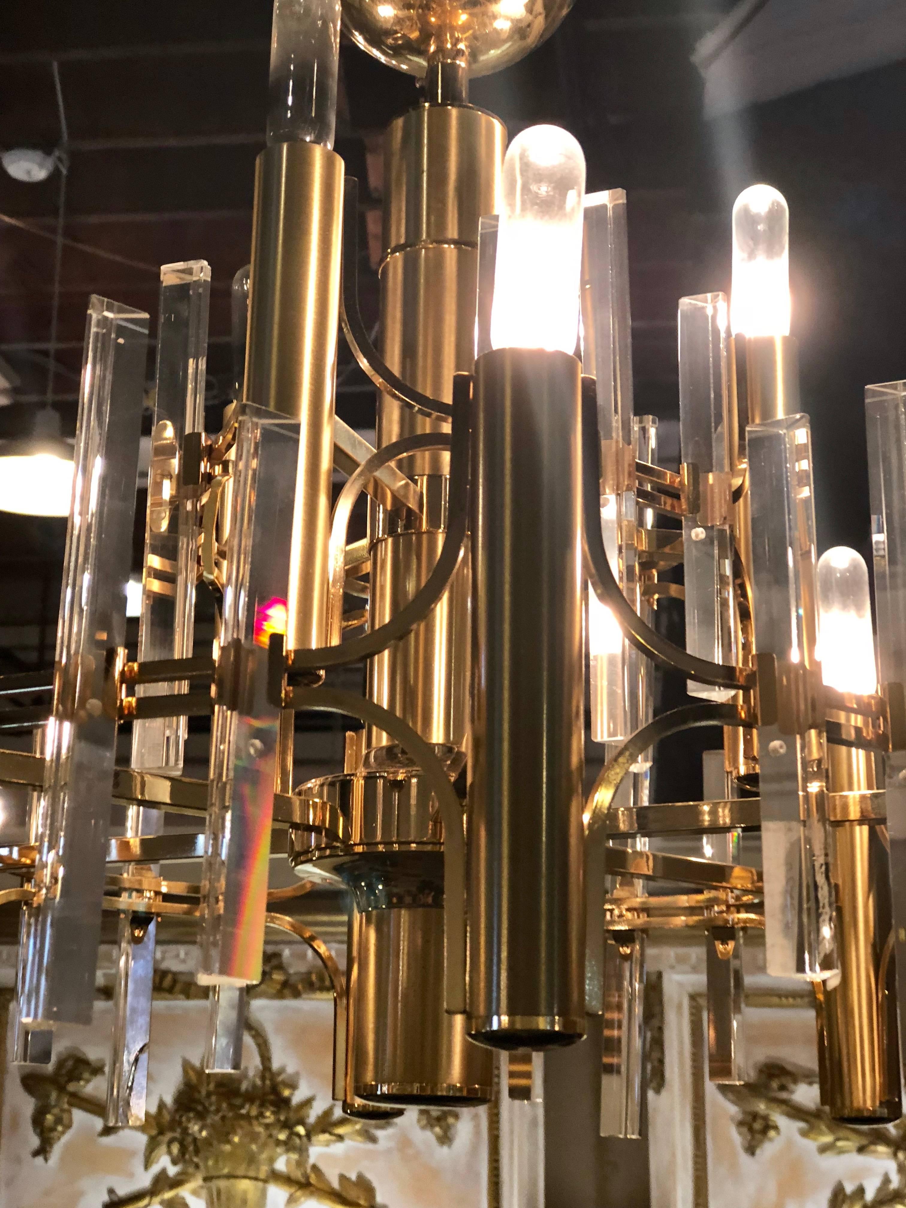 Tommi Parzinger Style Brass Chandelier Cylindrical Lights Crystal Prisms For Sale 2