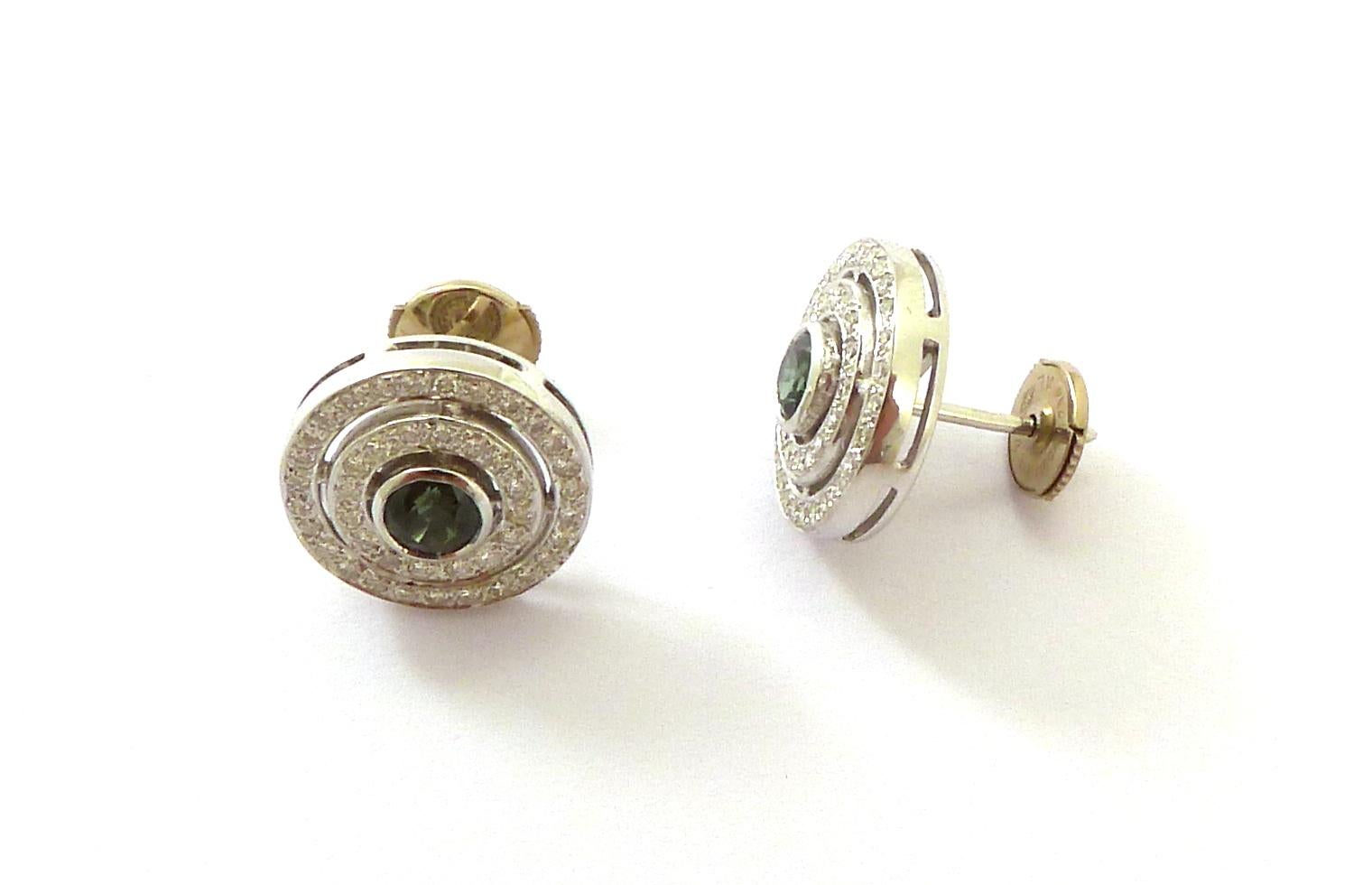 Contemporary Tourmaline and Diamond Ear Stud Mounted in 18 Karat White Gold For Sale