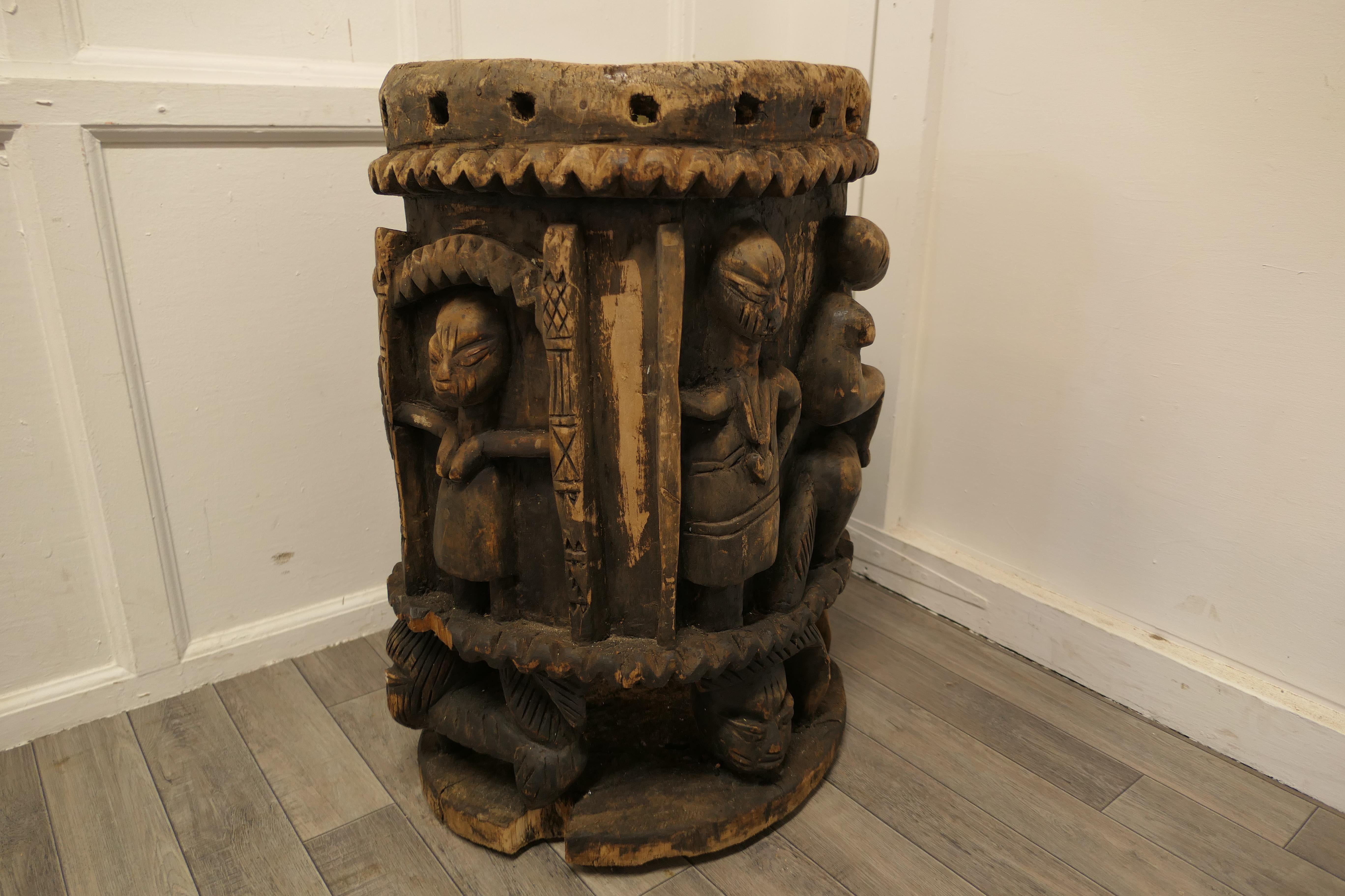 19th Century Traditional African Carved Wooden Hunting Drum