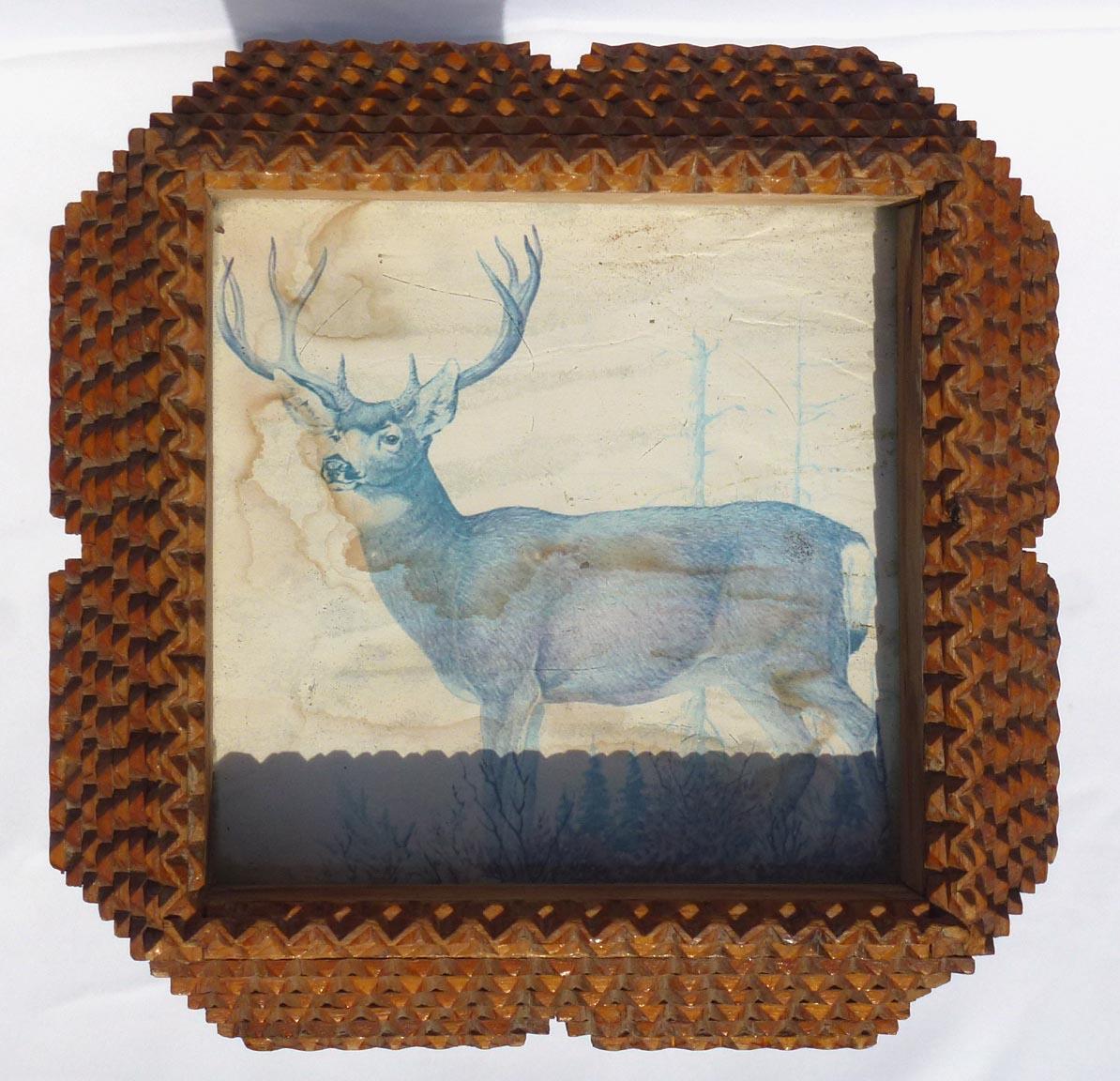 Tramp Art Pedestal Stand with a Print of a Stag Set under Glass in the Top 7