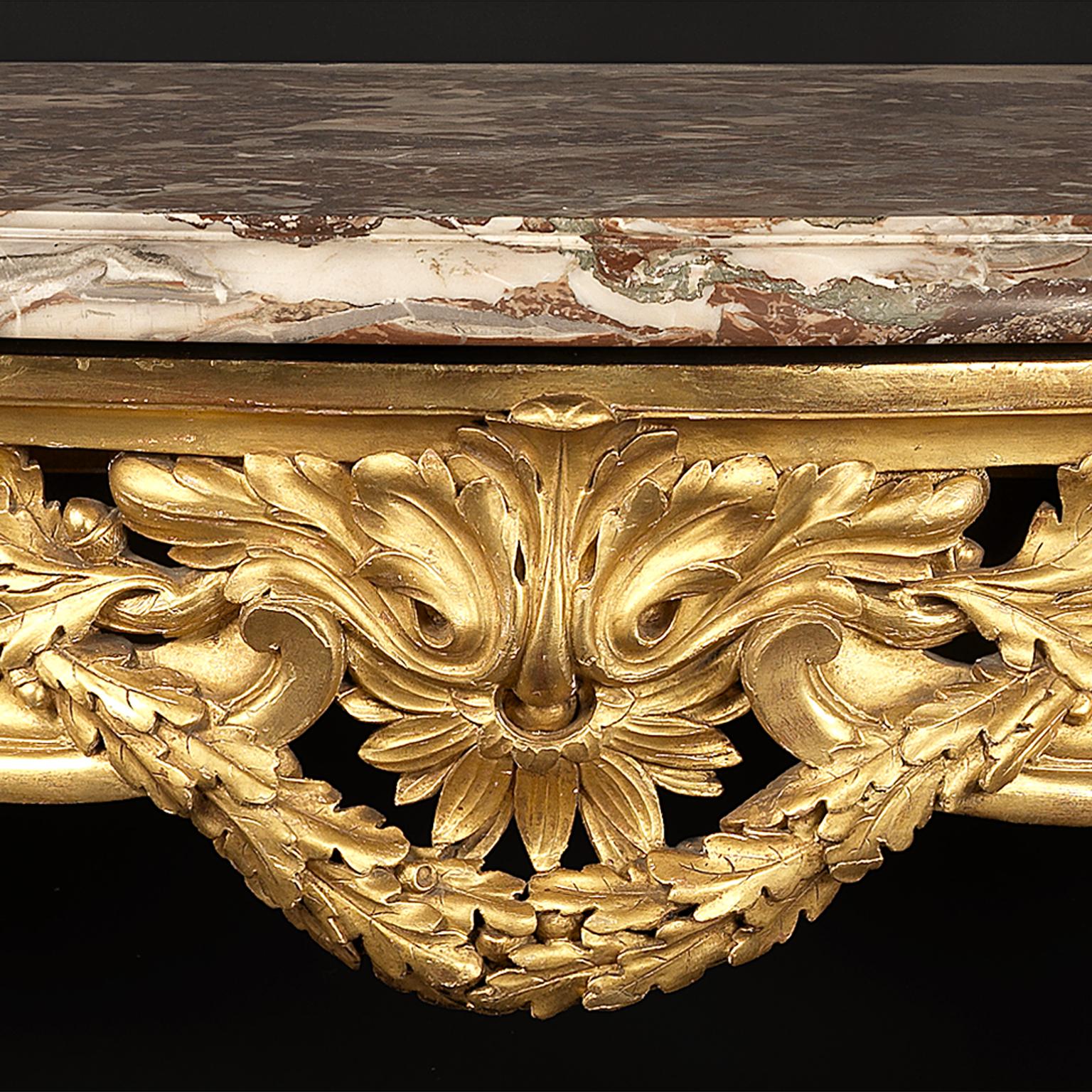 French Transitional Style Carved Giltwood Console Table with a Marble Top, circa 1880 For Sale