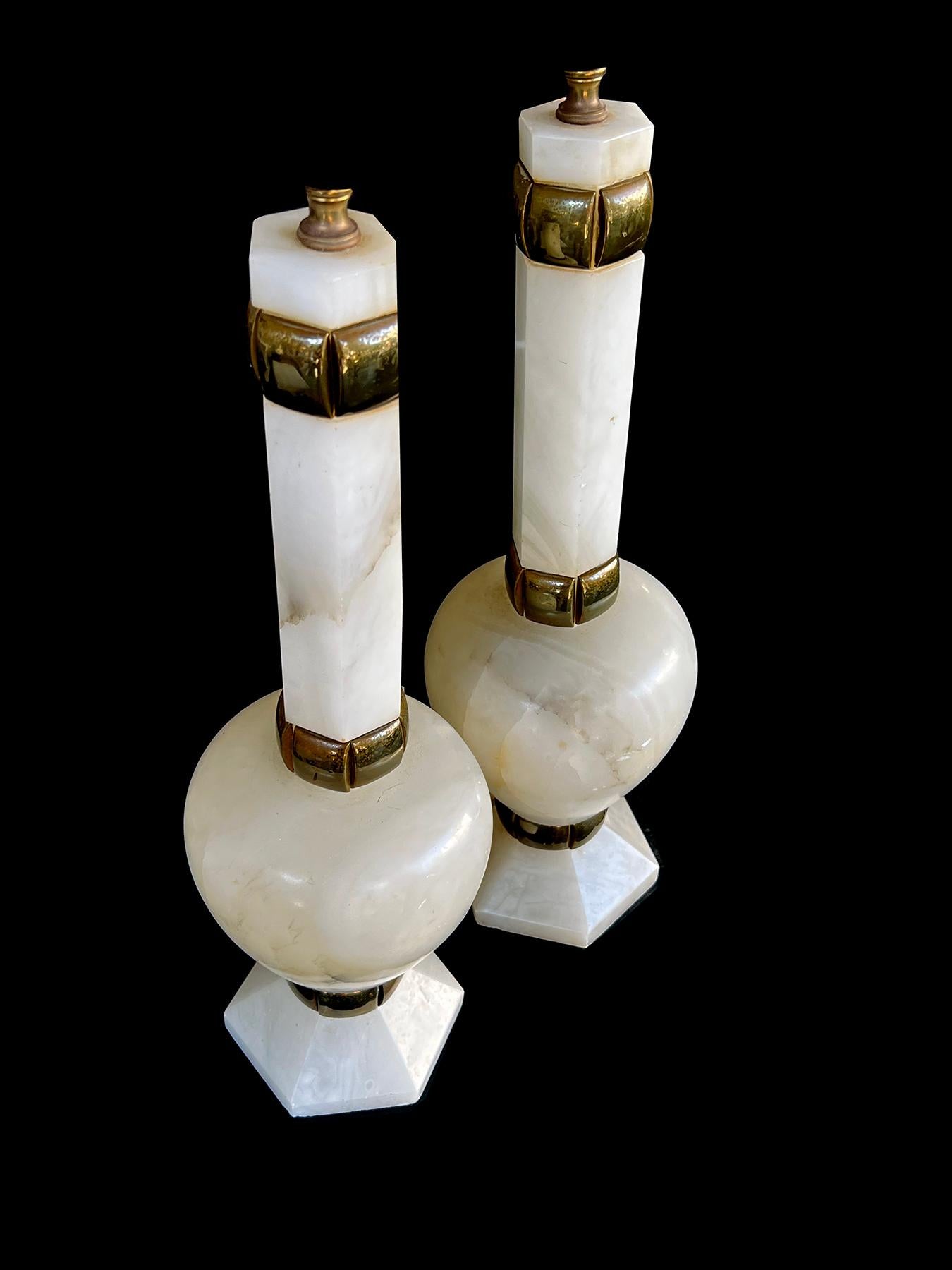 A Translucent Pair of Italian Carved Alabaster Bottle-form Lamps In Good Condition For Sale In San Francisco, CA