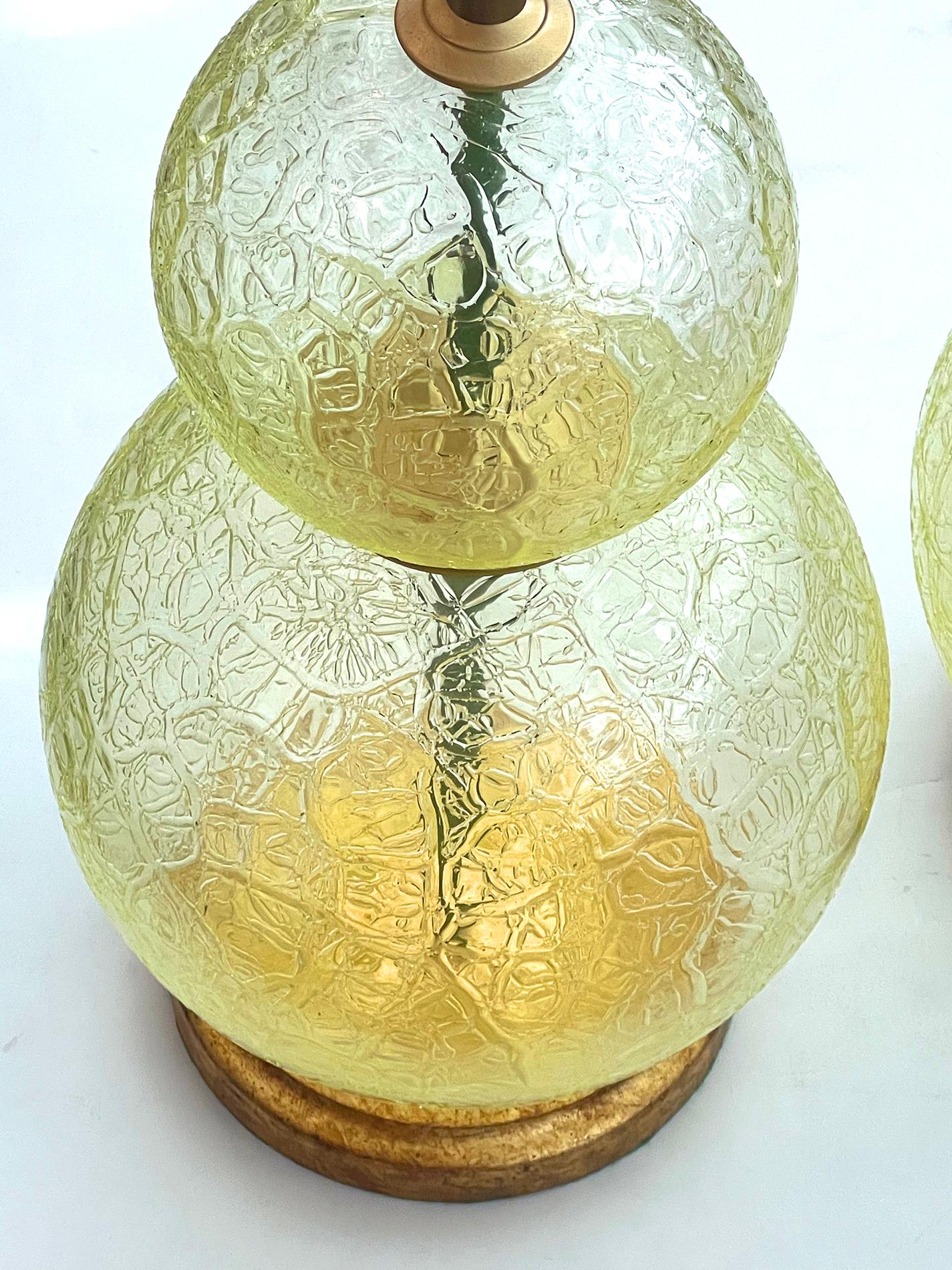Modern A Translucent & Textured Pair of Murano Stacked Chartreuse Glass Sphere Lamps  For Sale