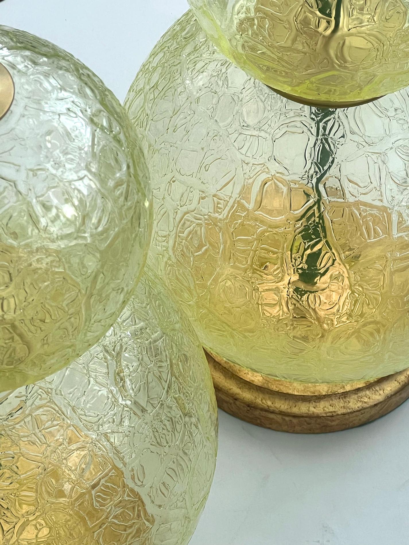 Italian A Translucent & Textured Pair of Murano Stacked Chartreuse Glass Sphere Lamps  For Sale