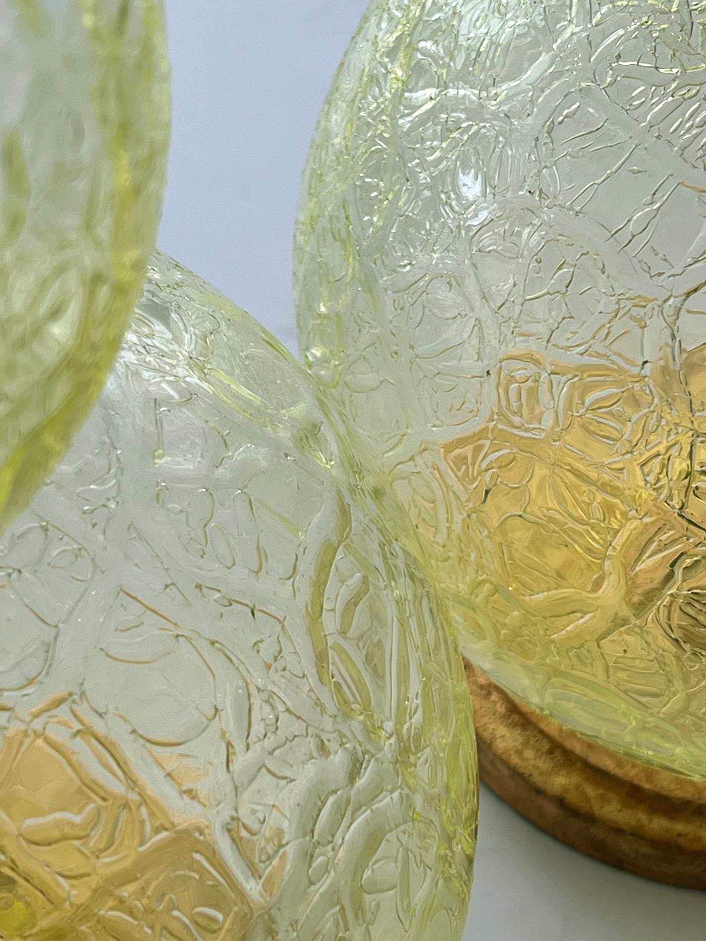 Hand-Crafted A Translucent & Textured Pair of Murano Stacked Chartreuse Glass Sphere Lamps  For Sale