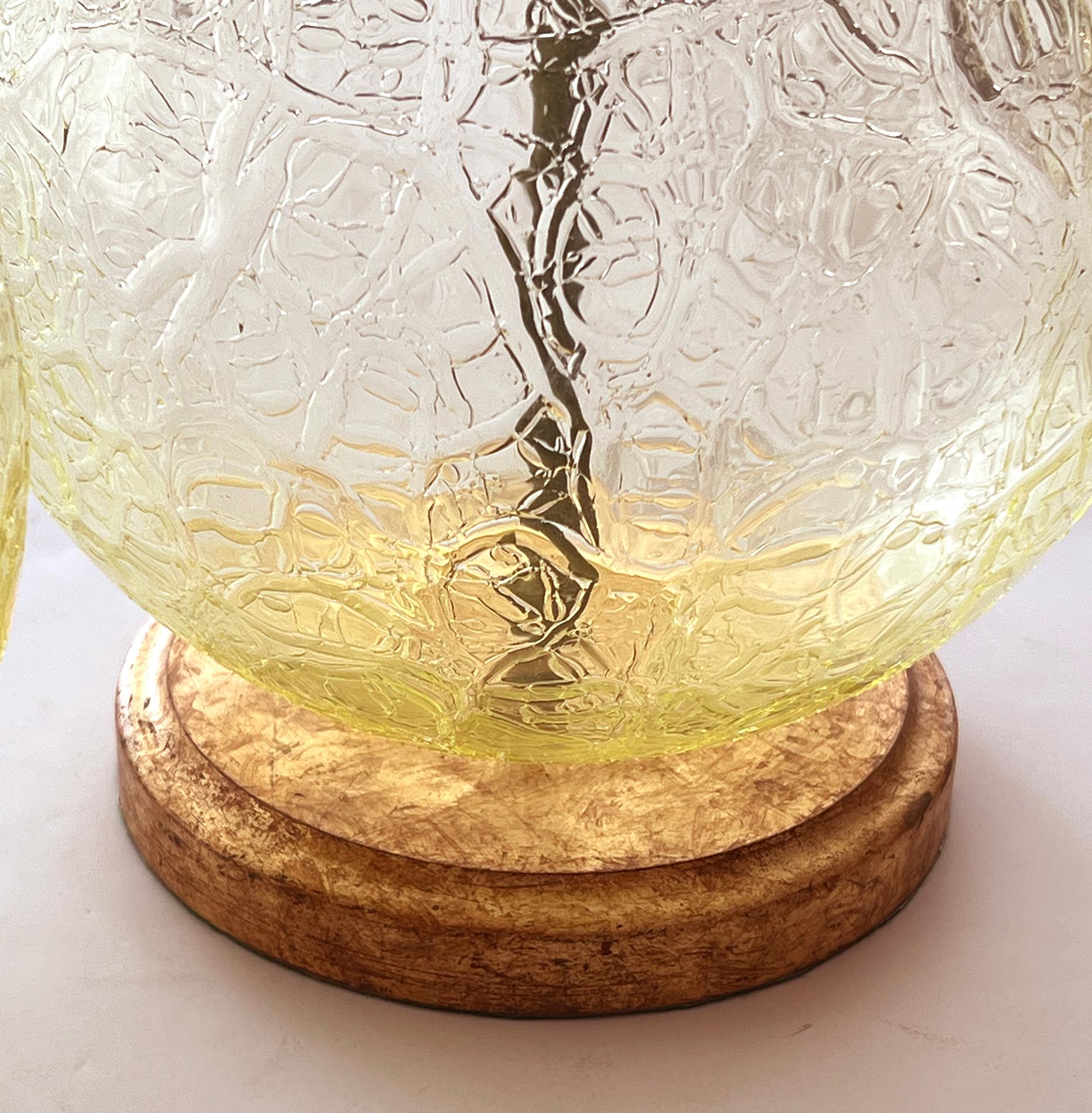 A Translucent & Textured Pair of Murano Stacked Chartreuse Glass Sphere Lamps  In Good Condition For Sale In San Francisco, CA