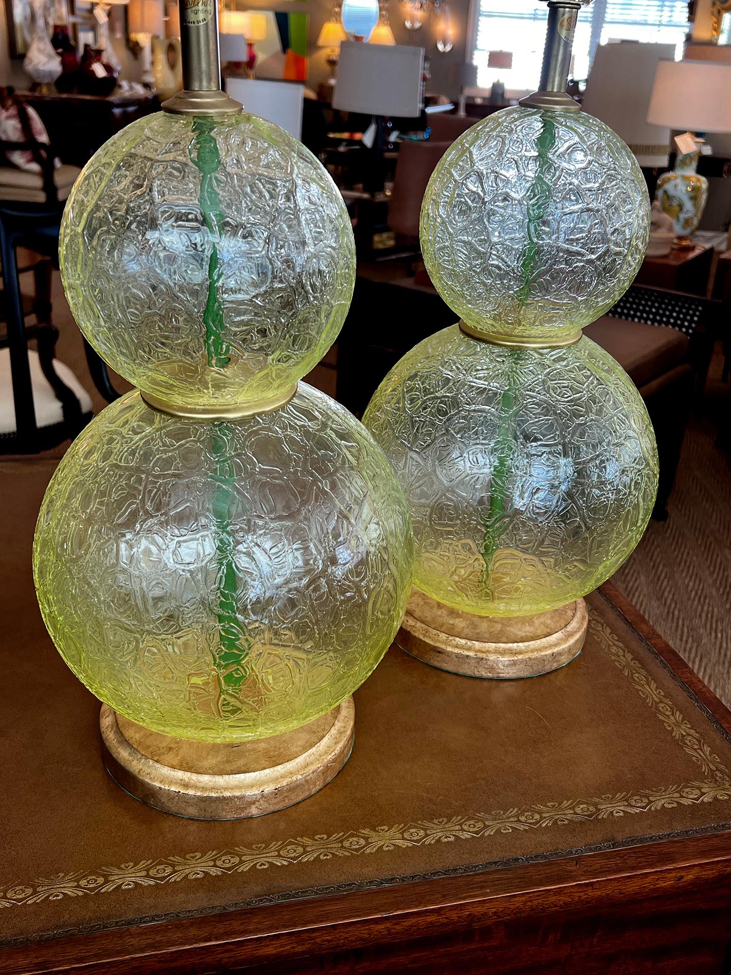 Blown Glass A Translucent & Textured Pair of Murano Stacked Chartreuse Glass Sphere Lamps  For Sale
