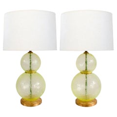 A Translucent & Textured Pair of Murano Stacked Chartreuse Glass Sphere Lamps 