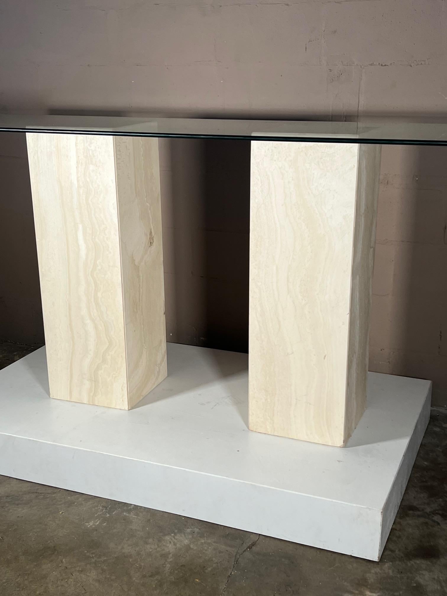 Late 20th Century Travertine and Glass Console Table For Sale