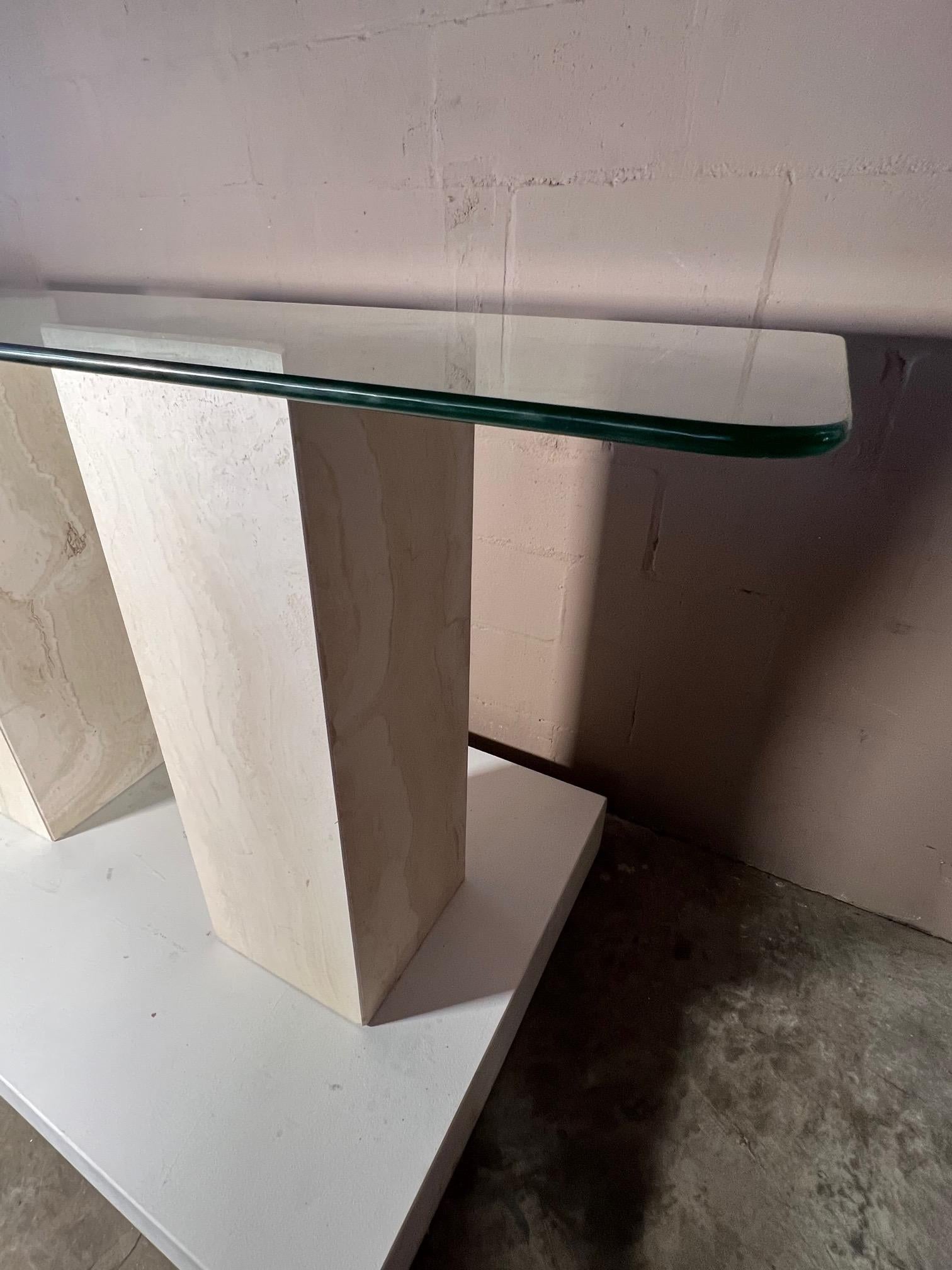 Travertine and Glass Console Table For Sale 3