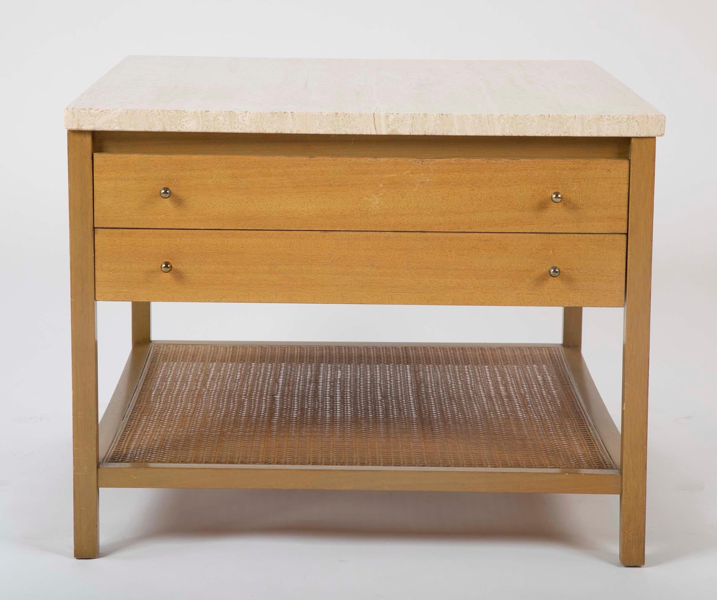 A Paul McCobb model #8731 Travertine top bleached Mahogany end table. Calvin furniture label inside door.