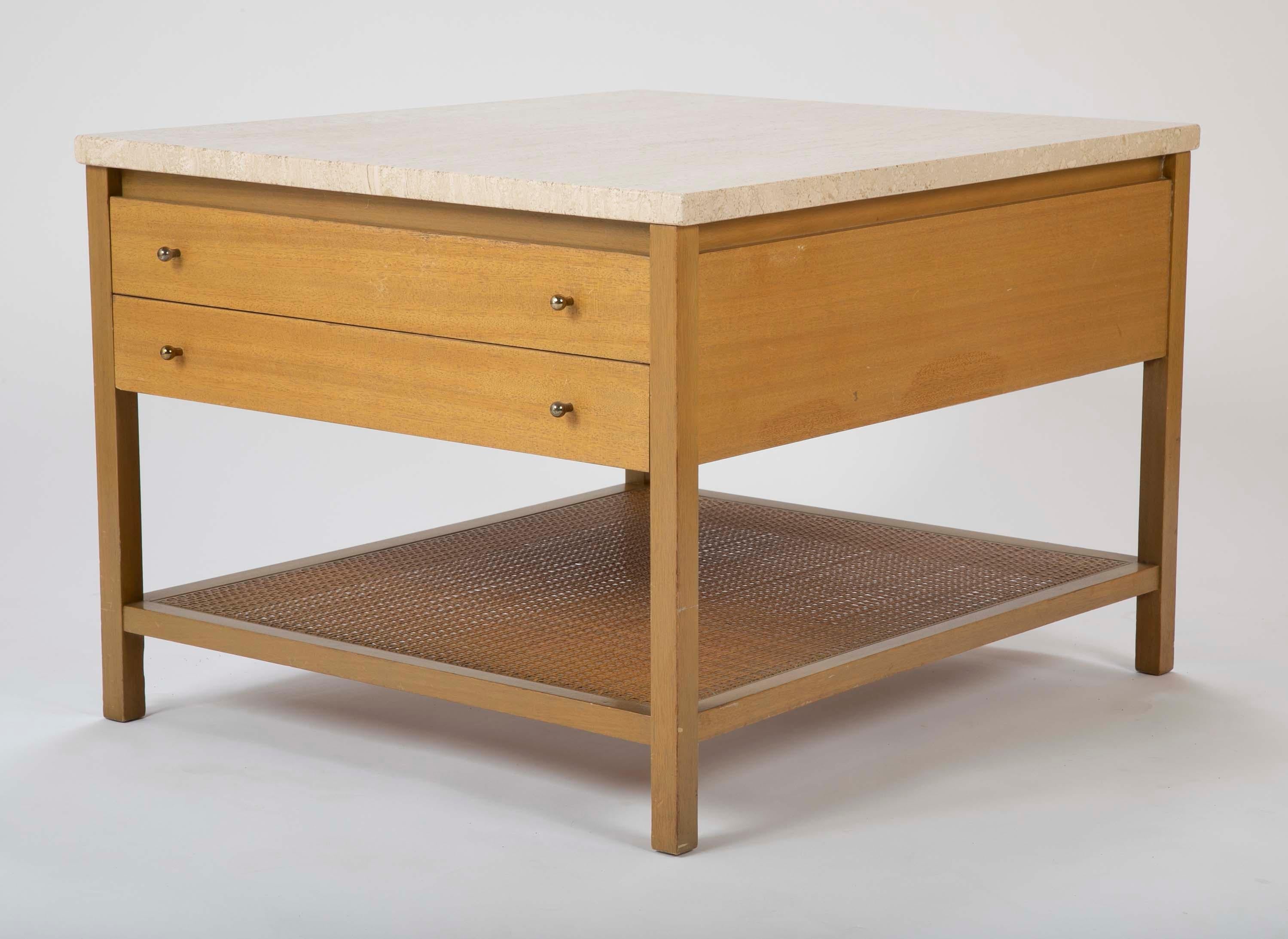 Mid-Century Modern Travertine Top Mahogany Side Table Designed by Paul McCobb  For Sale