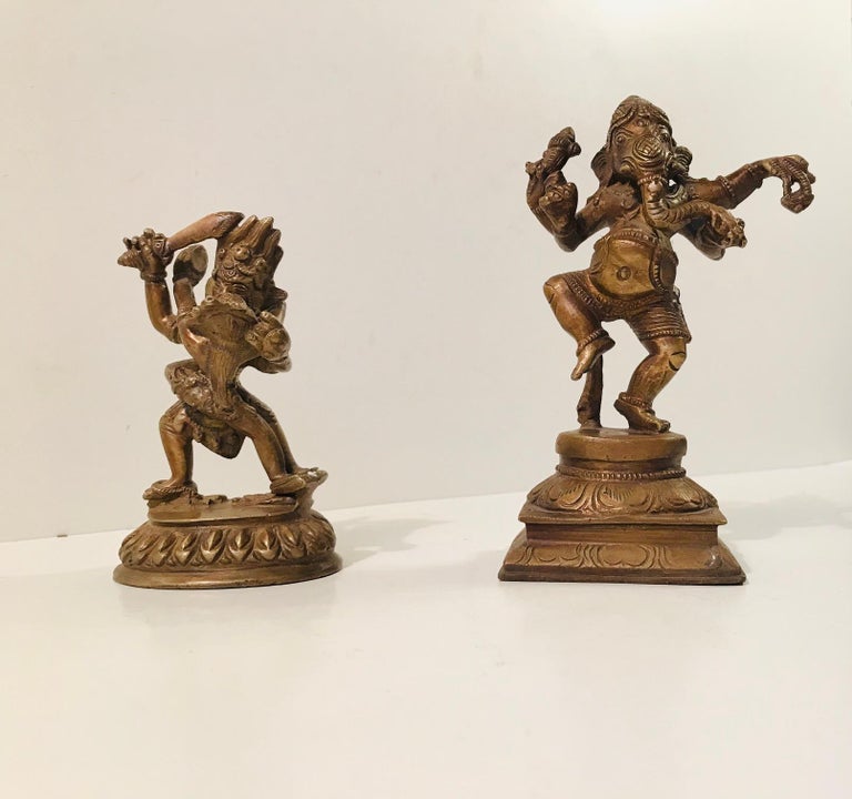Trio of Antique Hindu God Figurines in Bronze, Maha Durga, Shiva and