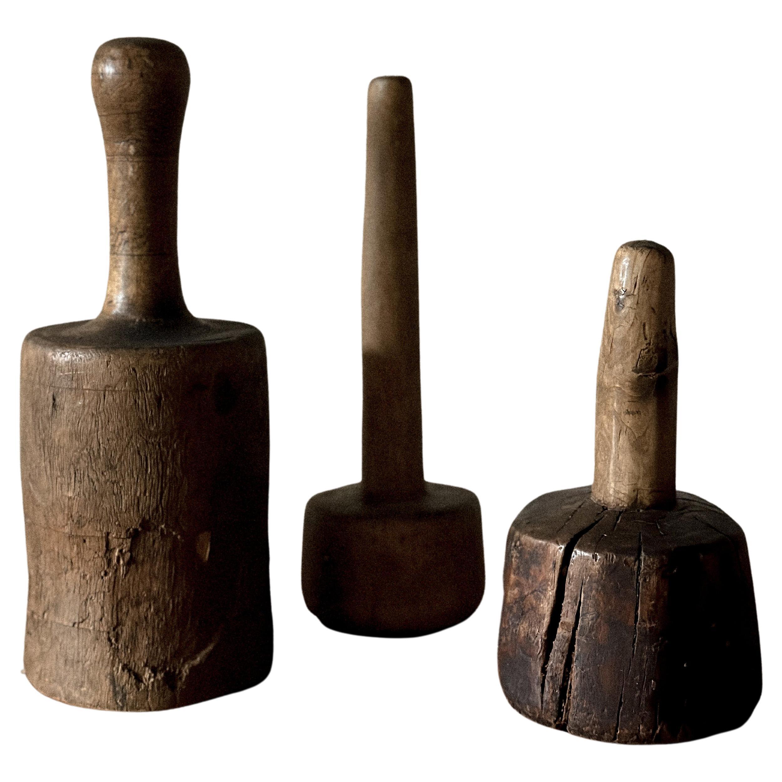 A Trio of Antique Wooden Pestles from the 19th Century For Sale