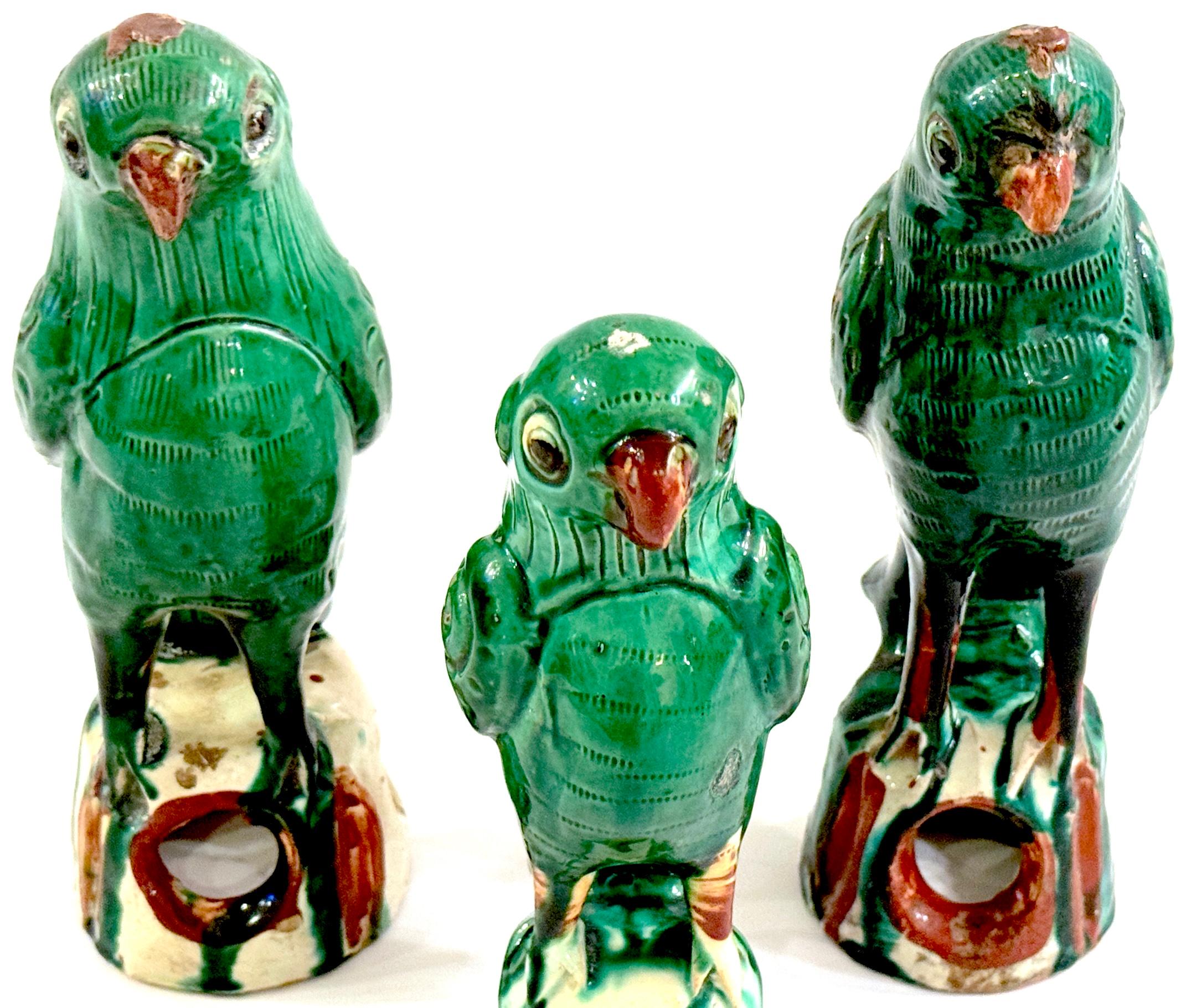 19th Century A Trio of Chinese Export Porcelain Green Sancai  Glazed Parrots For Sale