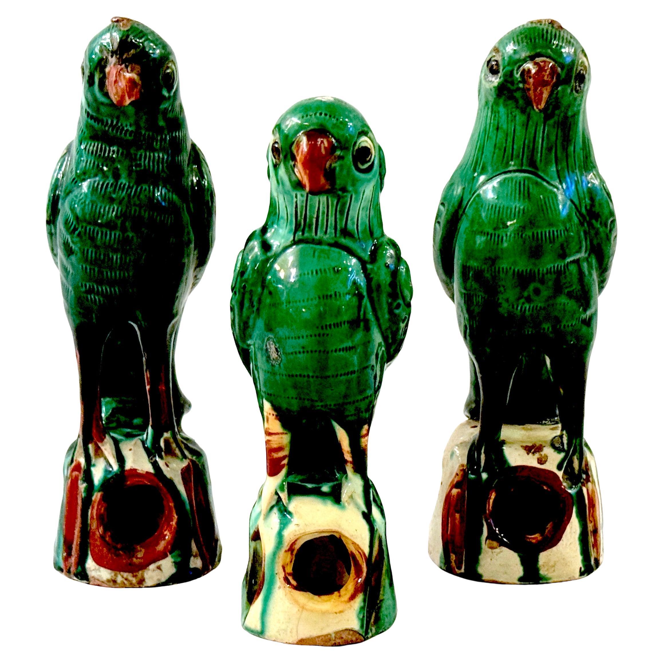 A Trio of Chinese Export Porcelain Green Sancai  Glazed Parrots