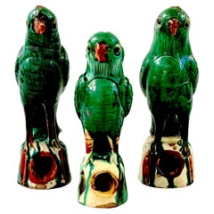 A Trio of Chinese Export Porcelain Green Sancai  Glazed Parrots