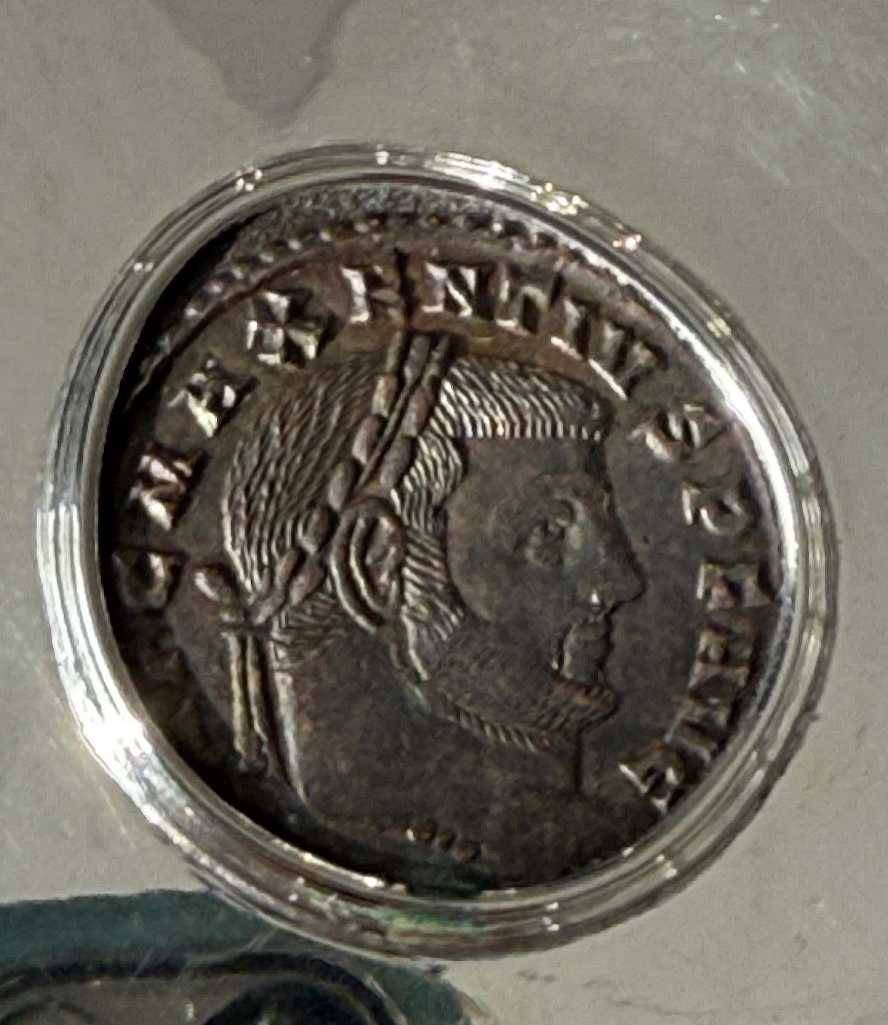 Metal A trio of rare sterling silver pieces with ancient Roman coins, Bulgari 20th c For Sale