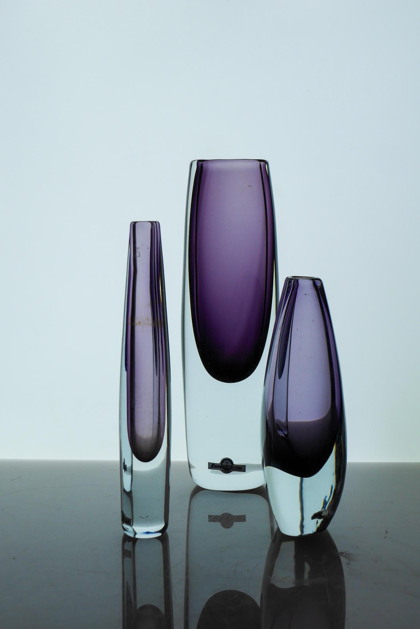 Trio Sommerso Glasvasen in Lila von Gunnar Nylund Strömbergshyttan Schweden im Angebot 3