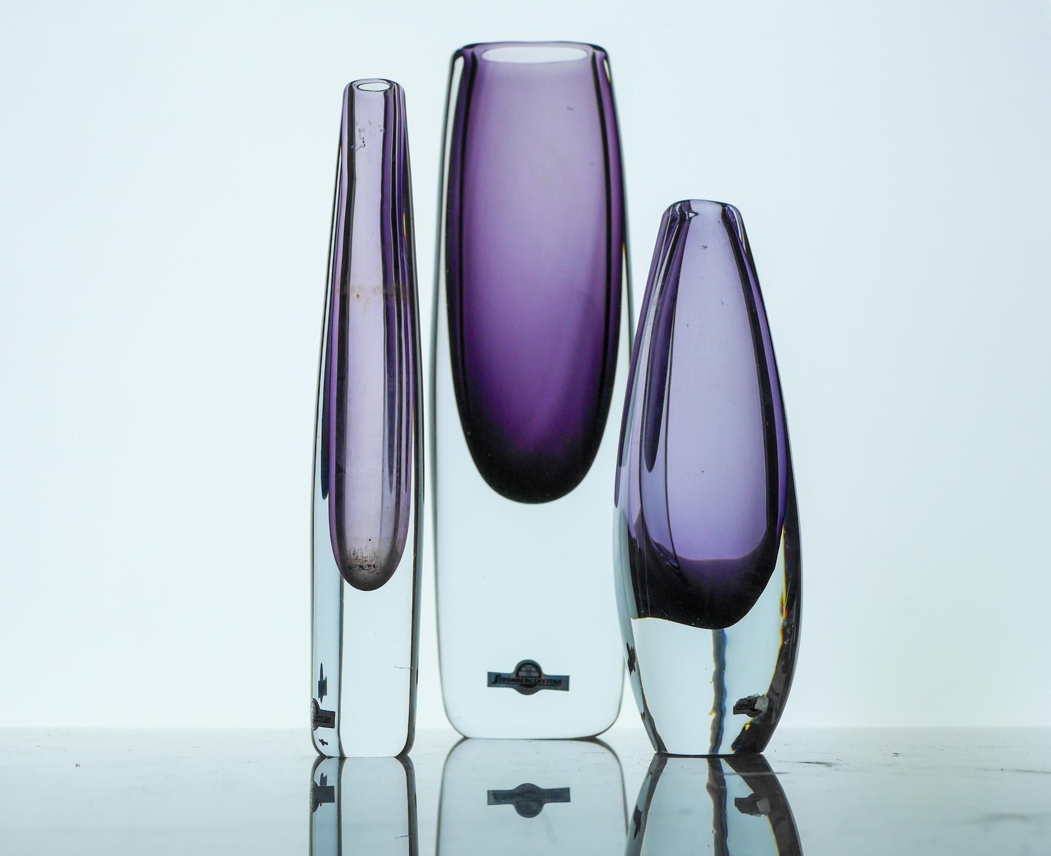 Trio Sommerso Glasvasen in Lila von Gunnar Nylund Strömbergshyttan Schweden im Angebot 5