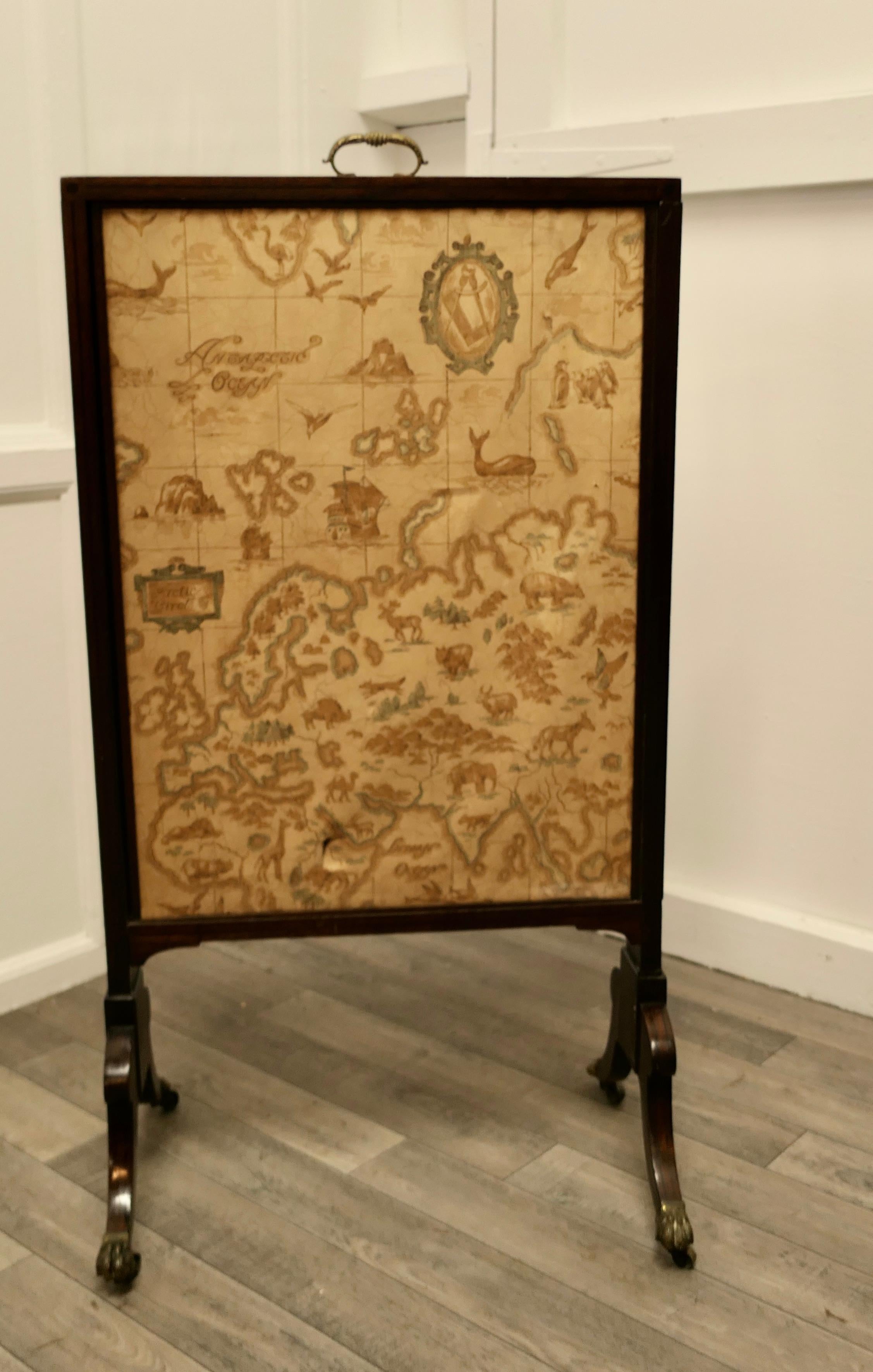 A triple extending fire screen of Northern Hemisphere Map

A wonderful piece the screen has 3 double sided silk panels printed with Northern Hemisphere Mapping
There are a few thin tears in the silk otherwise a very rare and interesting