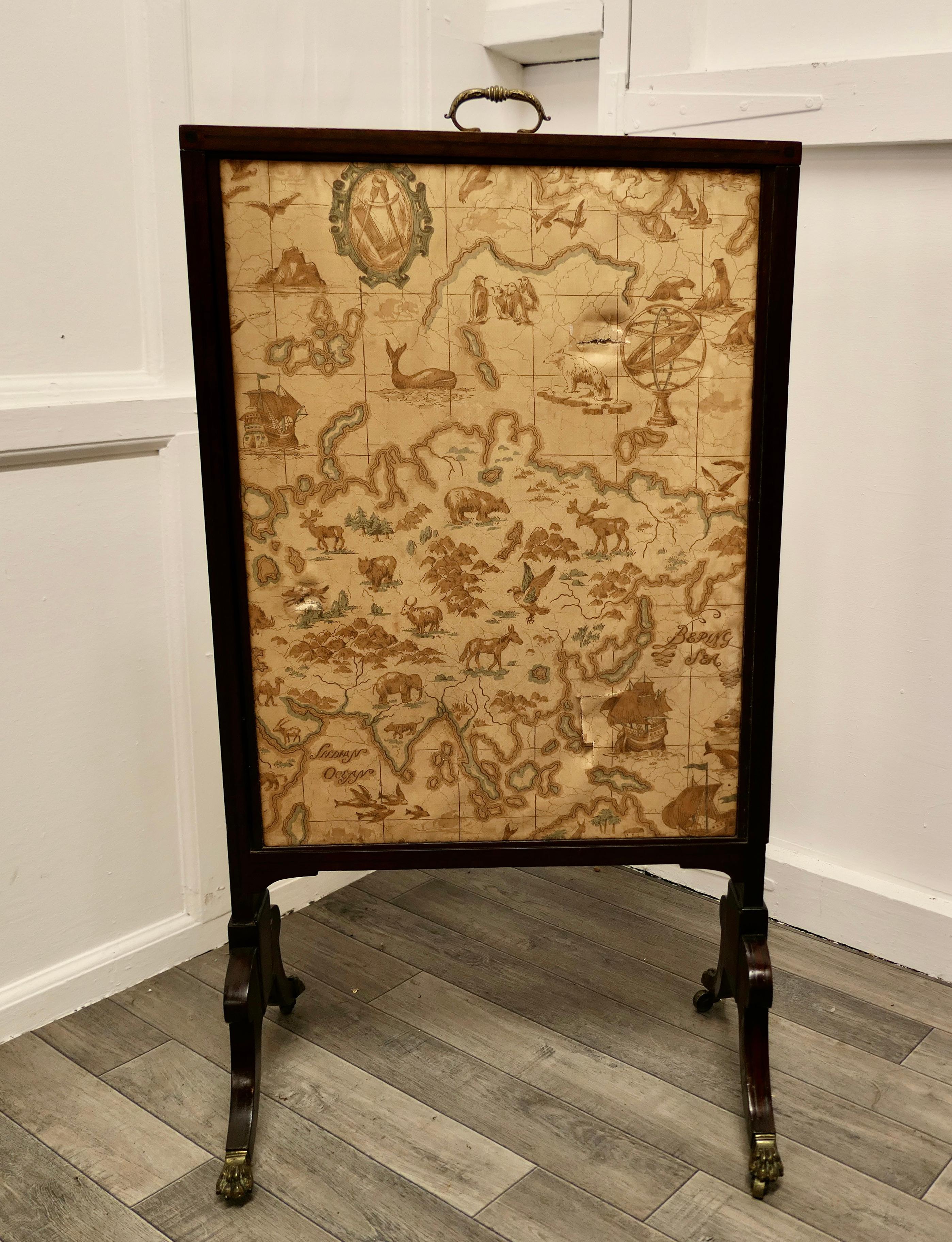 Adam Style Triple Extending Fire Screen of Northern Hemisphere Map For Sale