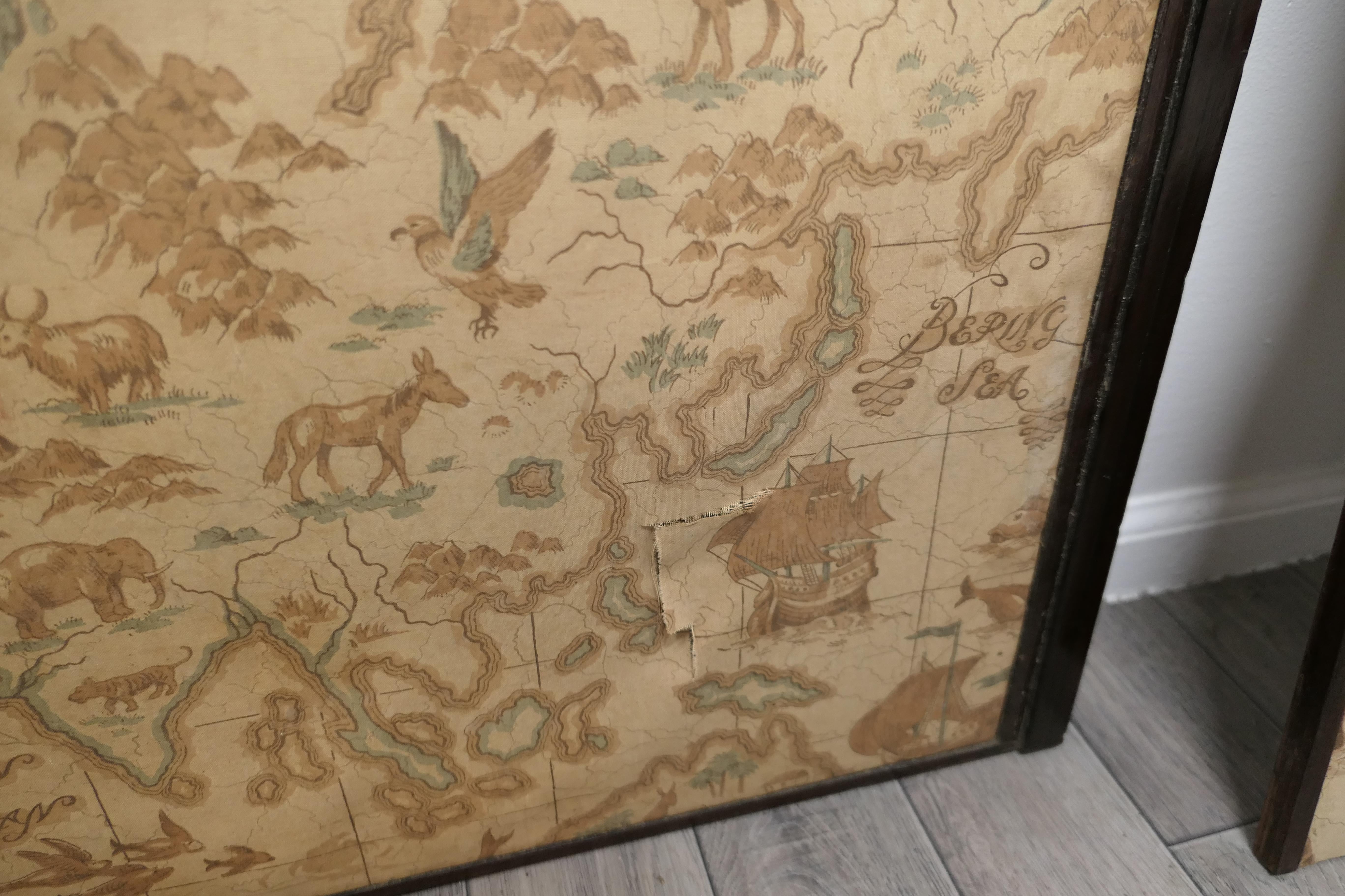 19th Century Triple Extending Fire Screen of Northern Hemisphere Map For Sale
