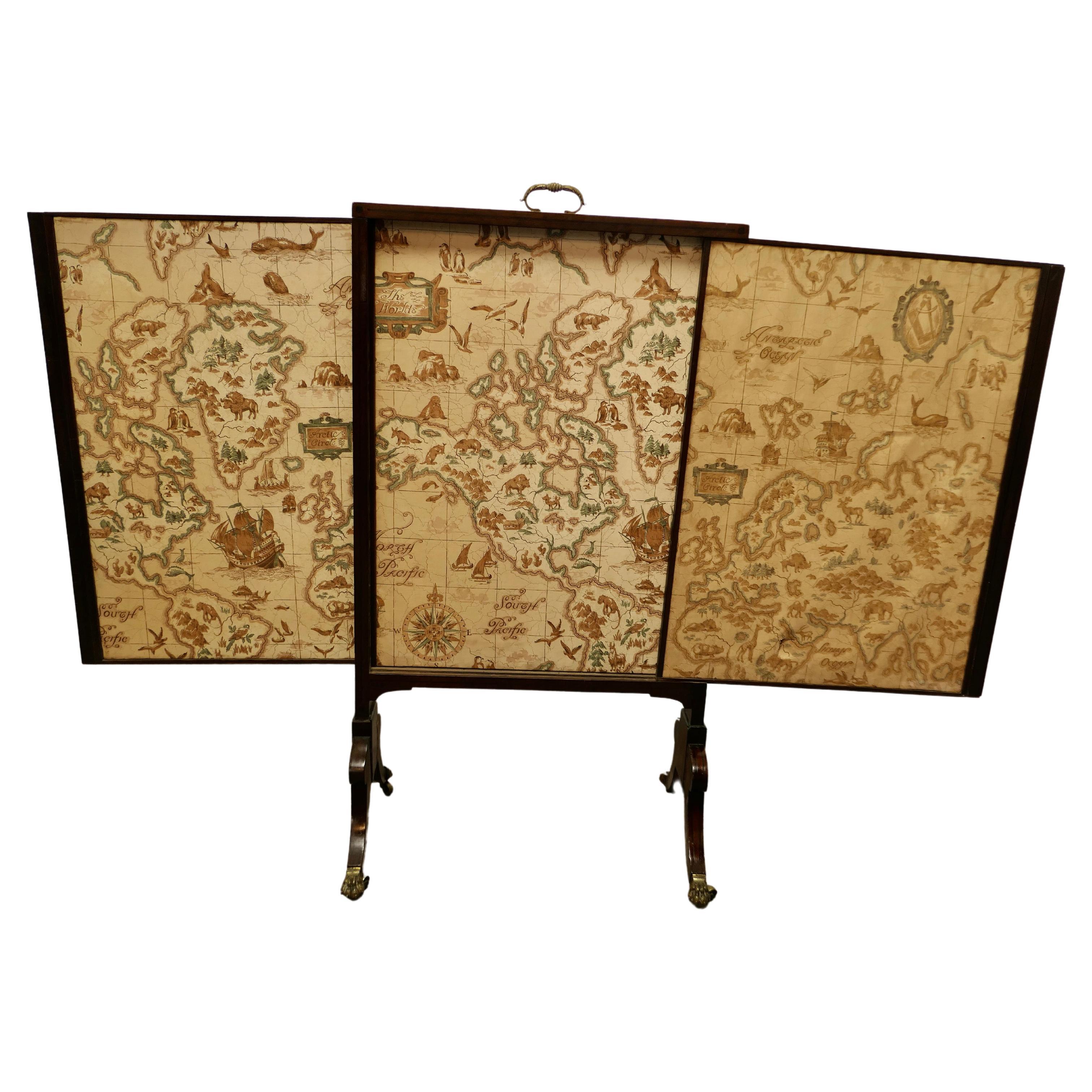 Triple Extending Fire Screen of Northern Hemisphere Map For Sale