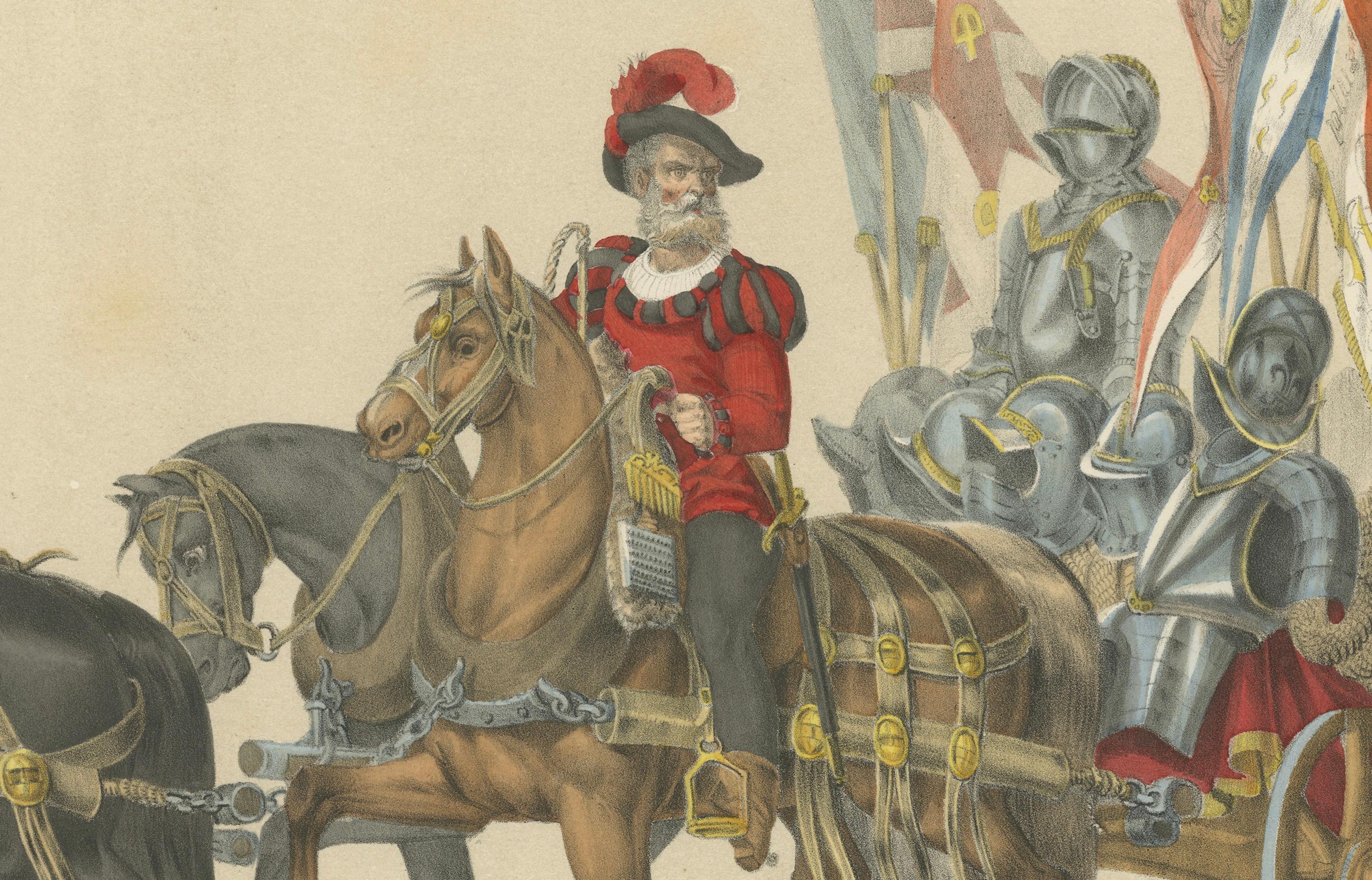 Titre : Le cortège triomphal de 1855 - Bannières et armures capturées des victoires suisses  

Description : Cette remarquable lithographie coloriée à la main, créée par H. Jenny et lithographiée par Kümmerly et Wittmer, fait partie de l'