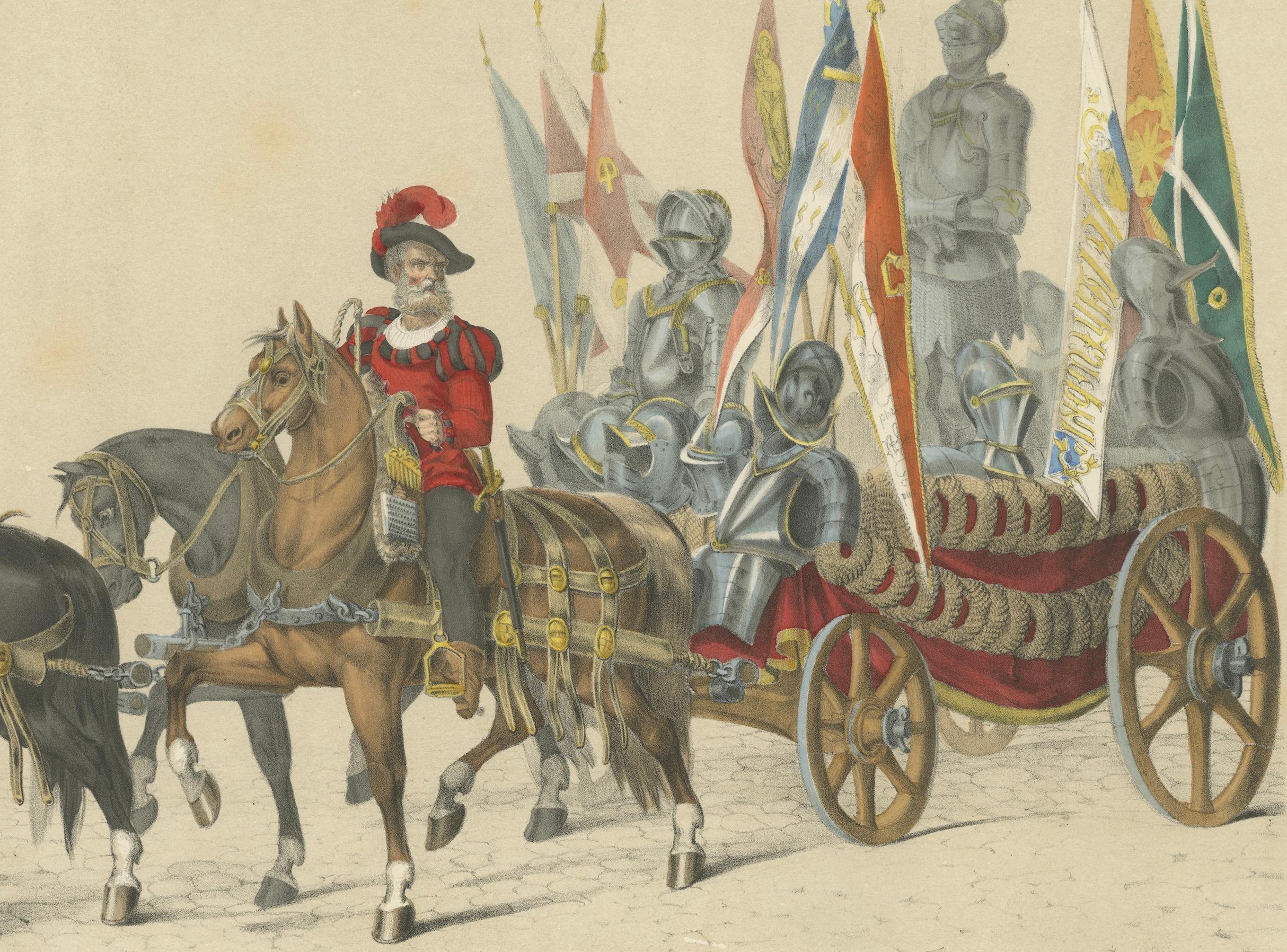 Papier Un cortège triomphal - Bannières et armures capturées des victoires suisses, 1855 en vente