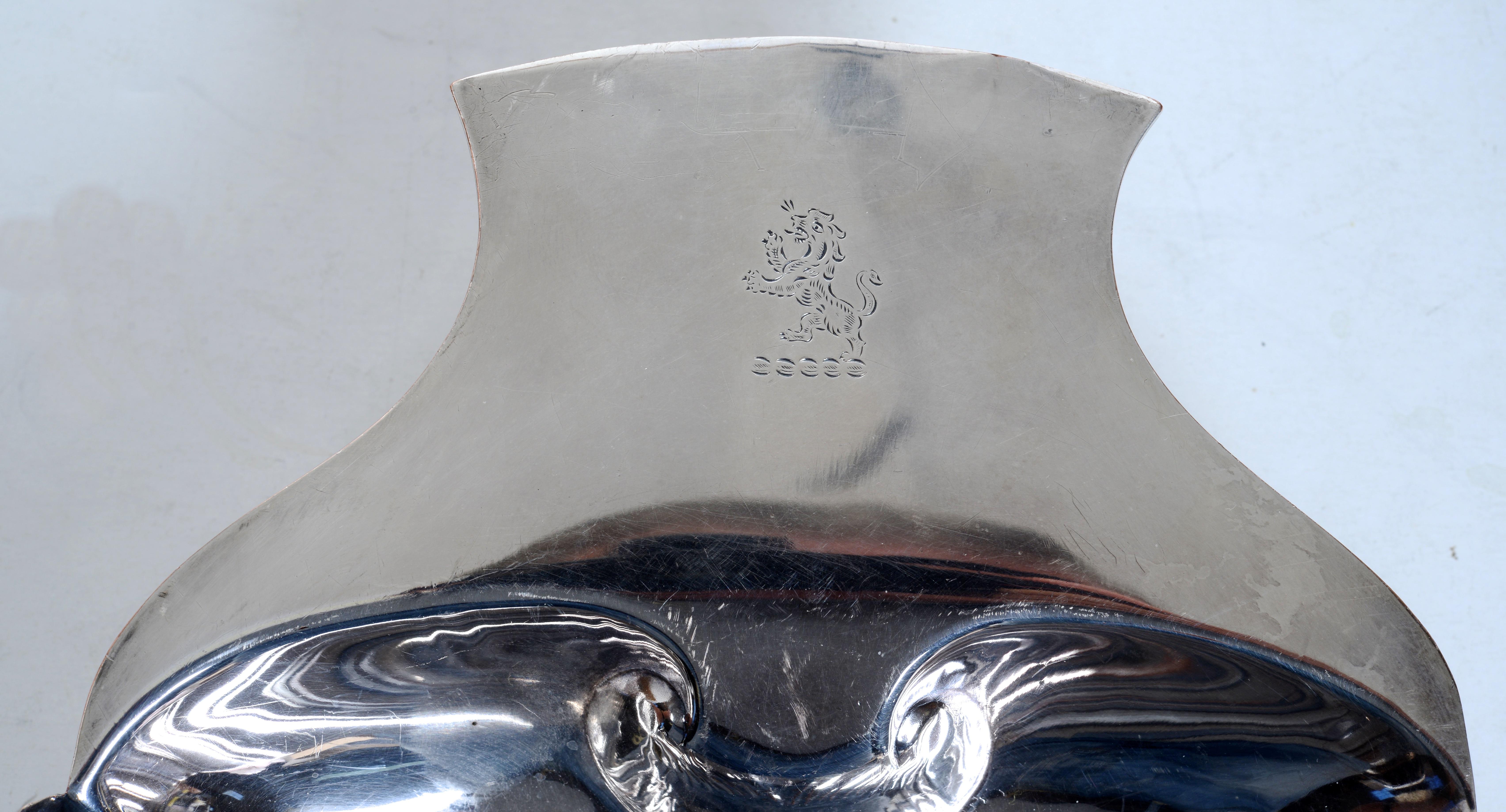 Trophy Old Sheffield Scallop Shell Shaped Serving Dish with Conch Shell Feet by Henry Wilkinson & Co of Sheffield, With Crossed Key Mark. The dish was likely a prize from a competition at St. Mary's College in 1940. The inscription 