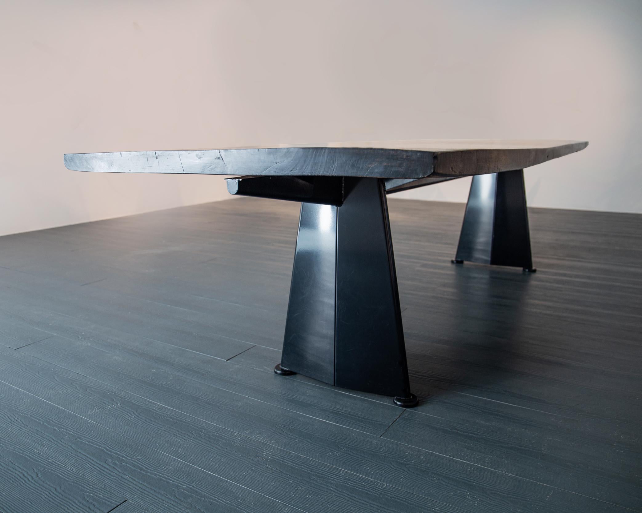 Industrial Tropical Hardwood Top Trapeze Table by Jean Prouvé