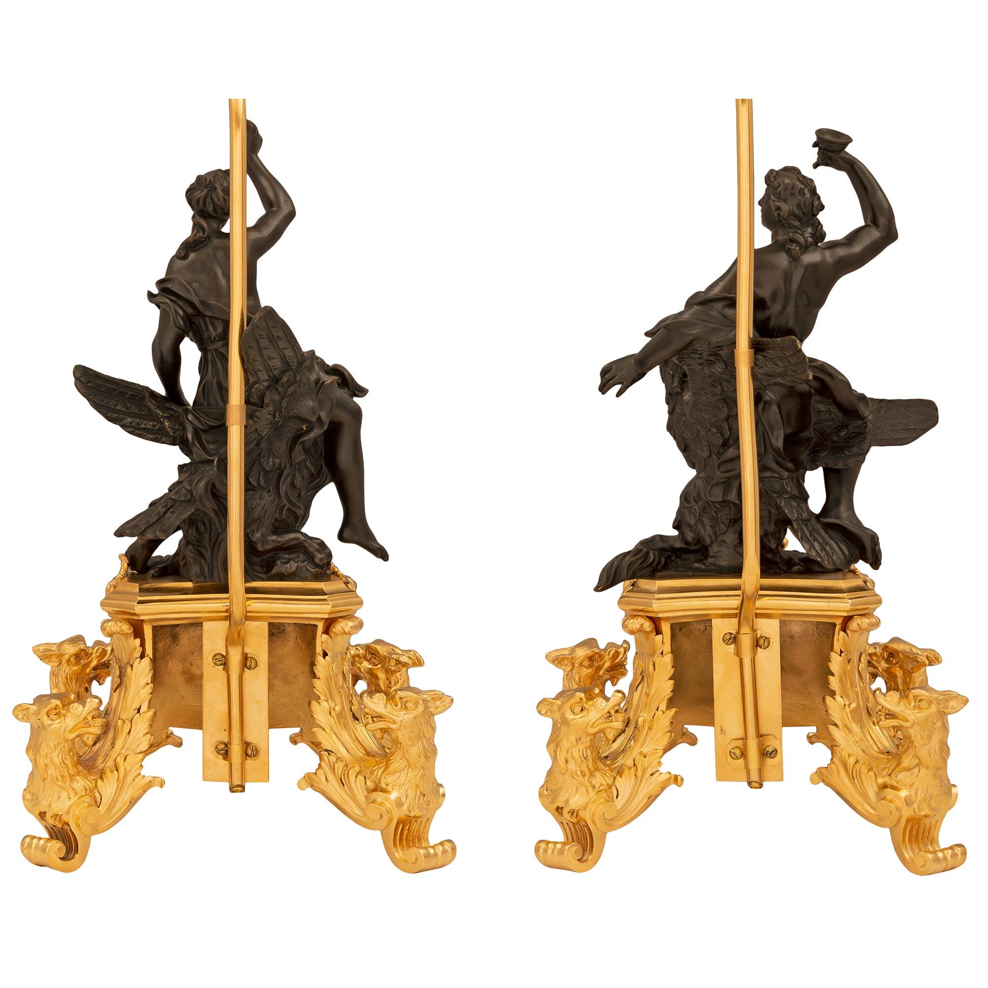 True Pair of French 19th Century Louis XIV St. Ormolu and Bronze Lamps For Sale 5