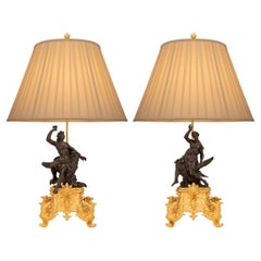 Antique True Pair of French 19th Century Louis XIV St. Ormolu and Bronze Lamps