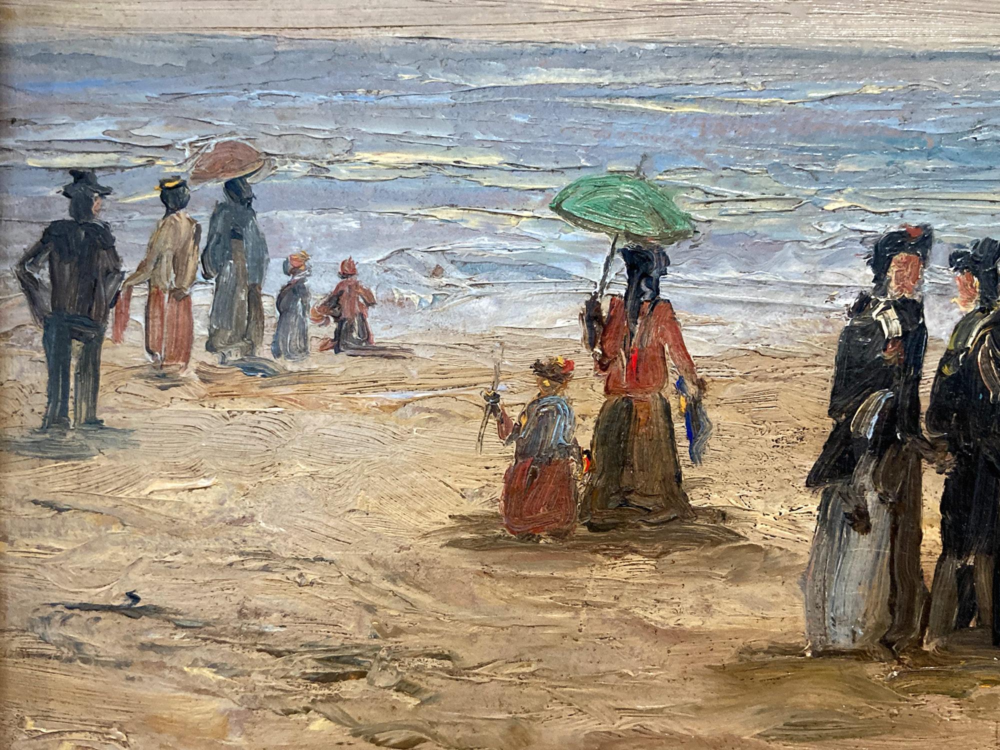A wonderfully rich beach scene done in the Early 20th Century depicting figures in the sand with sailing boats in the distance along the Normandy coast. The details are greatly admired as the artist was truly a great impressionist painter in the