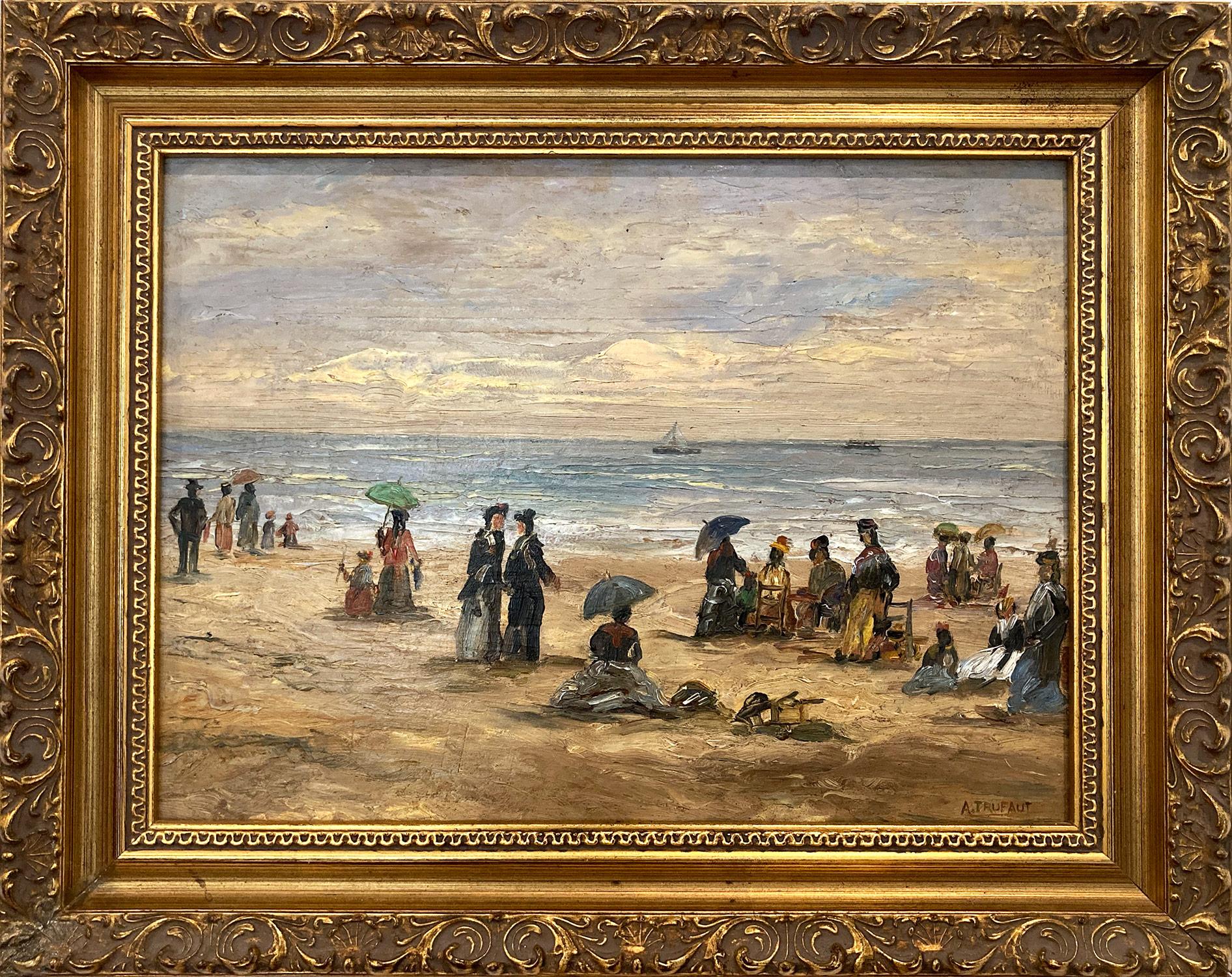 A. Trufaut  Figurative Painting - "La Cote Normandi" Beach Scene Early 20th Century Impressionistic Oil Painting 