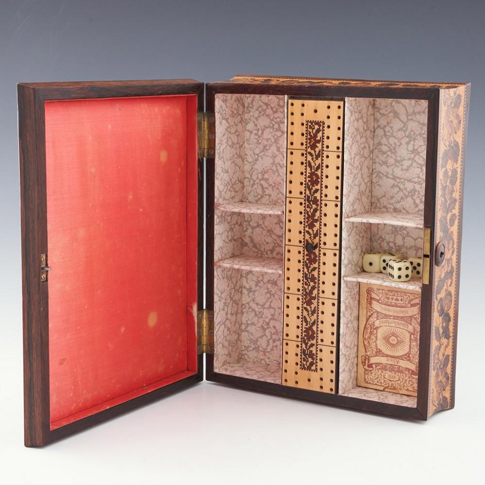 A Tunbridge Ware Games Box with Inlaid Marquetry Image of Eridge Castle, c1870 For Sale 3