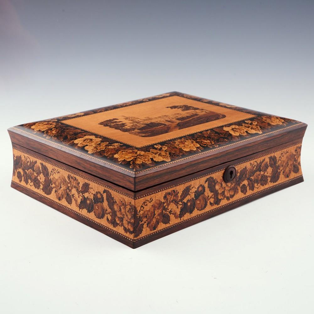 19th Century A Tunbridge Ware Games Box with Inlaid Marquetry Image of Eridge Castle, c1870 For Sale