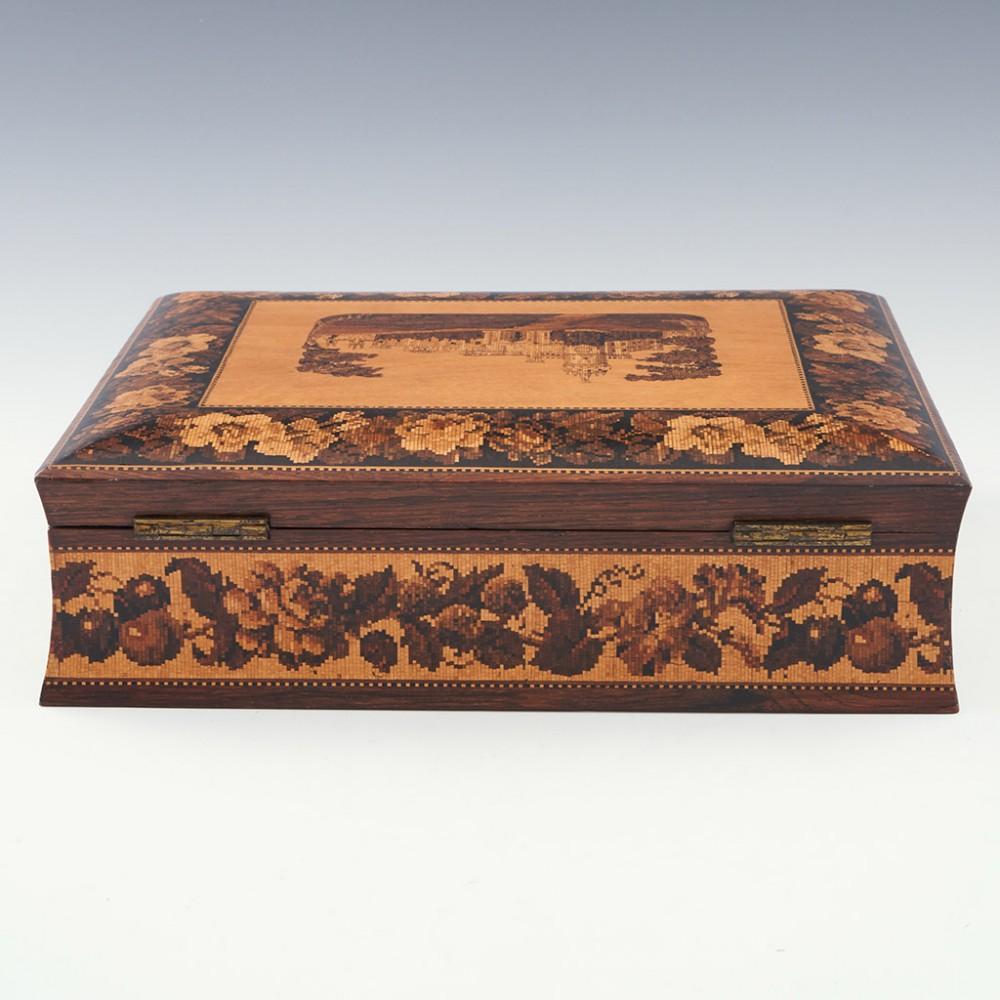 Wood A Tunbridge Ware Games Box with Inlaid Marquetry Image of Eridge Castle, c1870 For Sale
