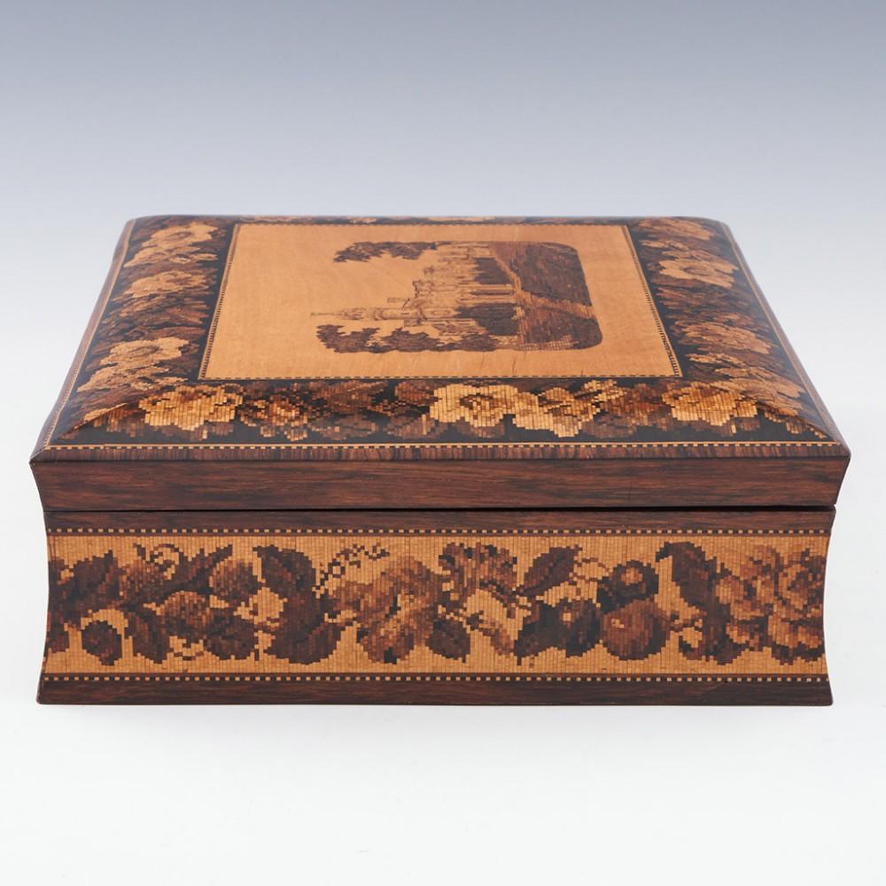 A Tunbridge Ware Games Box with Inlaid Marquetry Image of Eridge Castle, c1870 For Sale 1