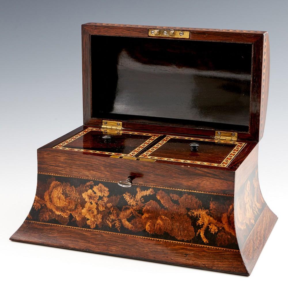 A Tunbridge Ware Two Compartment Tea Caddy with Rounded lid Depicting Hever Castle, c1870

Additional Information:
Heading: Tunbridge Ware - Two Compartment Tea Caddy with Rounded lid Depicting Hever Castle
Date : c1870
Period : Victorian
Origin :