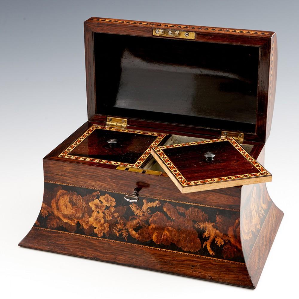 Victorian A Tunbridge Ware Two Compartment Tea Caddy with Rounded Lid, c1870 For Sale