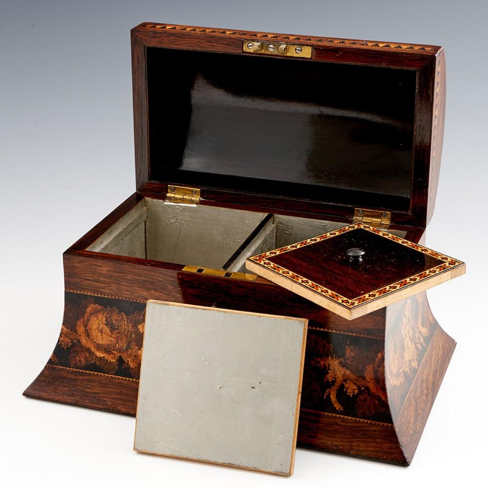 English A Tunbridge Ware Two Compartment Tea Caddy with Rounded Lid, c1870 For Sale