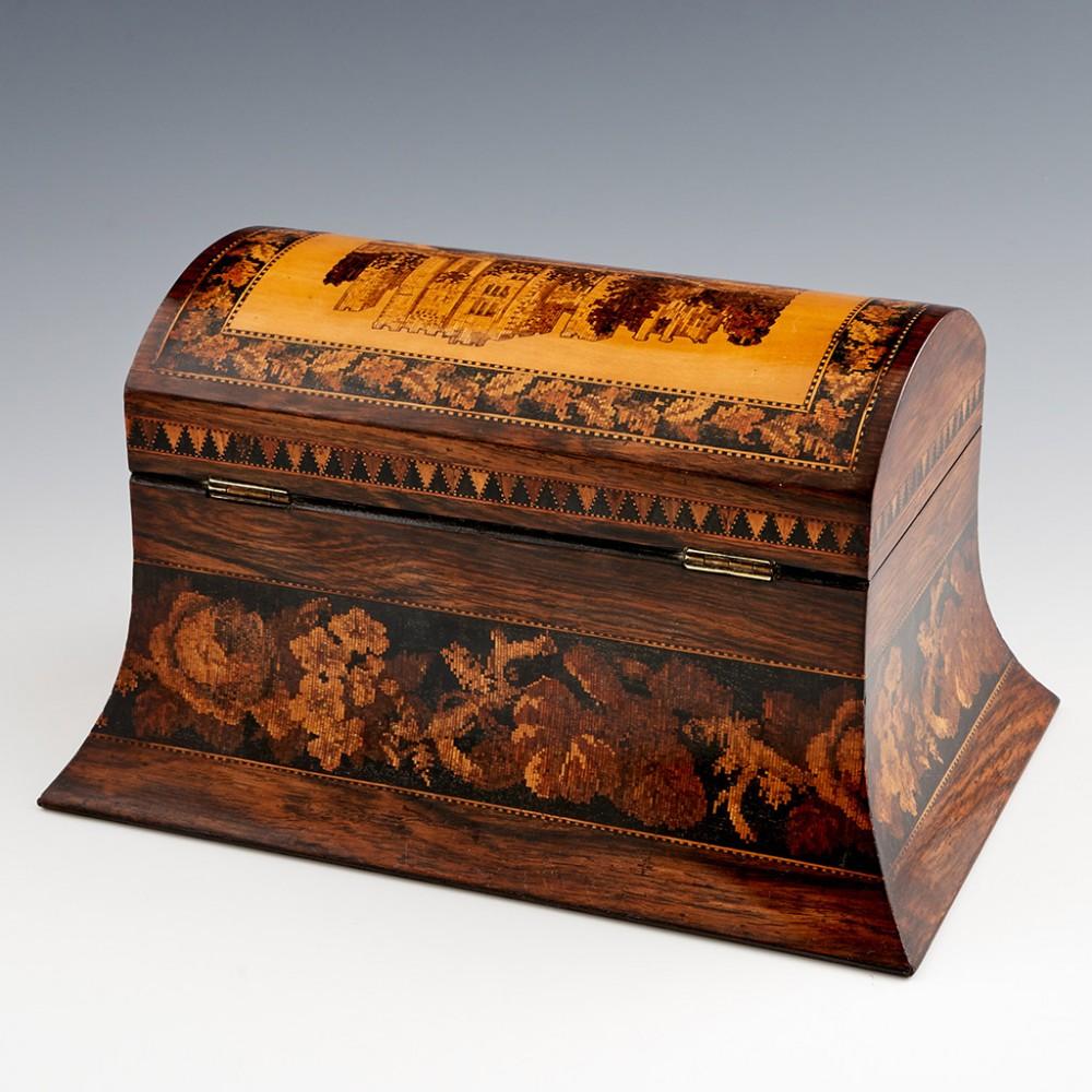 19th Century A Tunbridge Ware Two Compartment Tea Caddy with Rounded Lid, c1870 For Sale