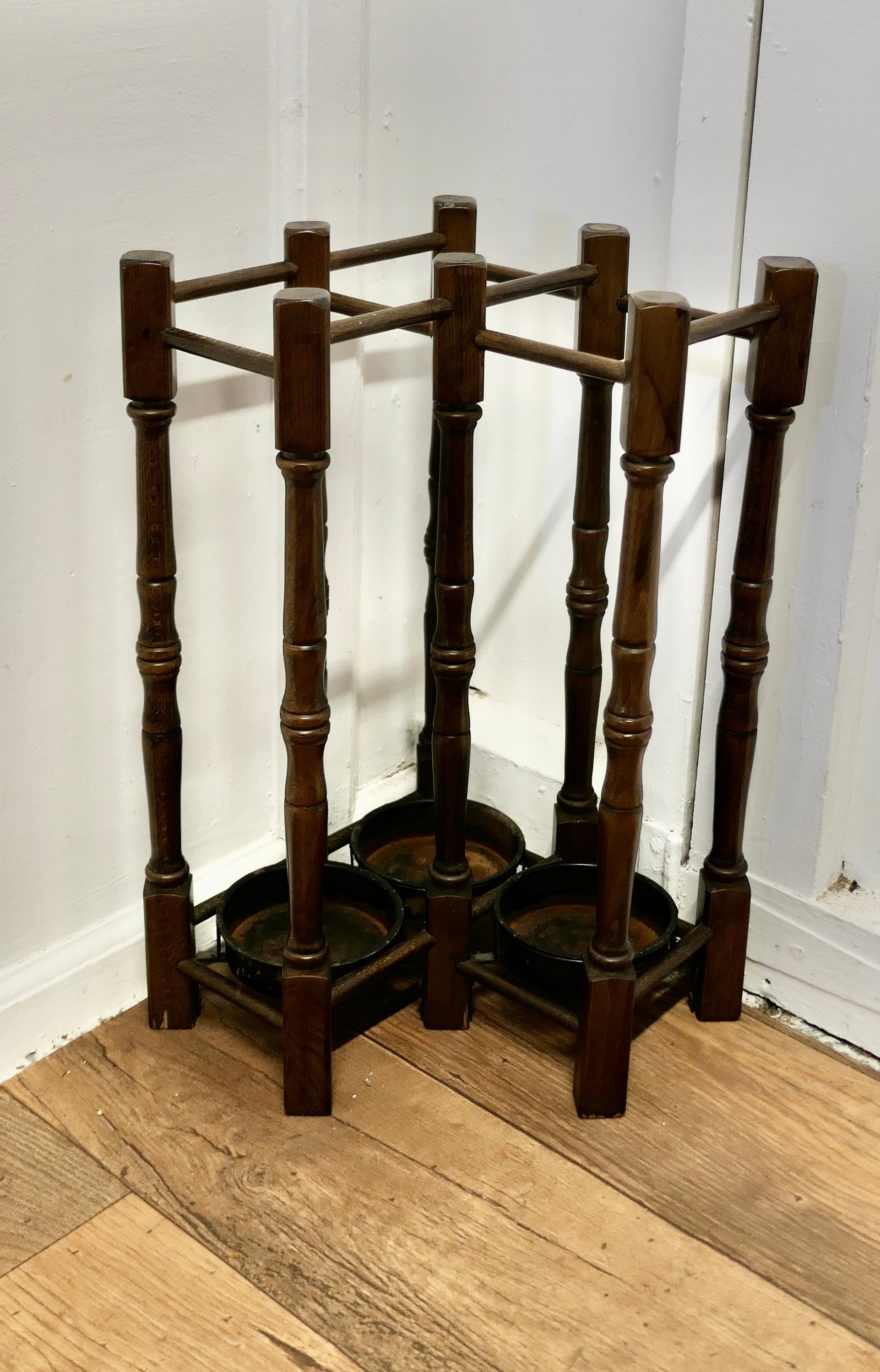 Art Deco A Turned Beech Corner Stick and Umbrella Stand For Sale